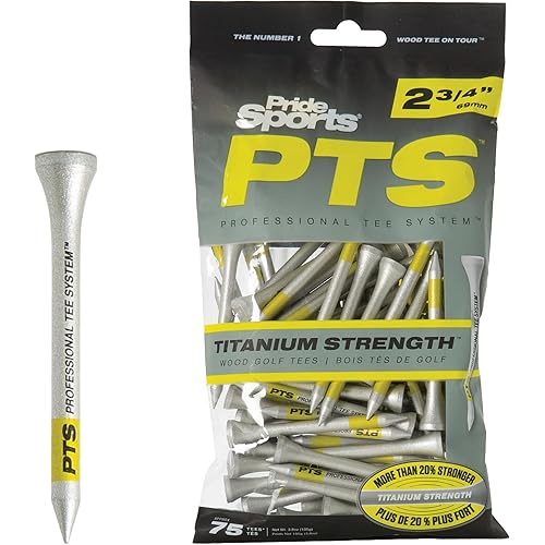 PrideSports PTS Titanium Strength Wooden Golf Tees | 75 Count, 2-3/4 Inch | 8% Thicker Shaft for More Durability