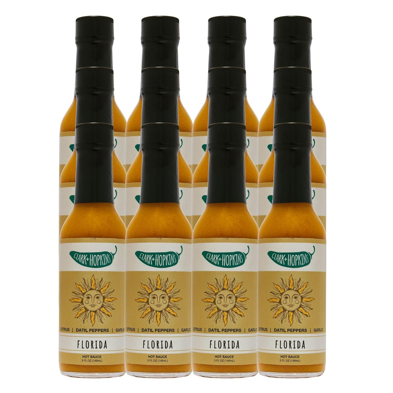 Clark + Hopkins Florida Hot Sauce, Florida's Fruity Sweet and Intense Heat, with Citrus, Datil Peppers & Garlic Flavor, 5 Ounce (12 Pack)