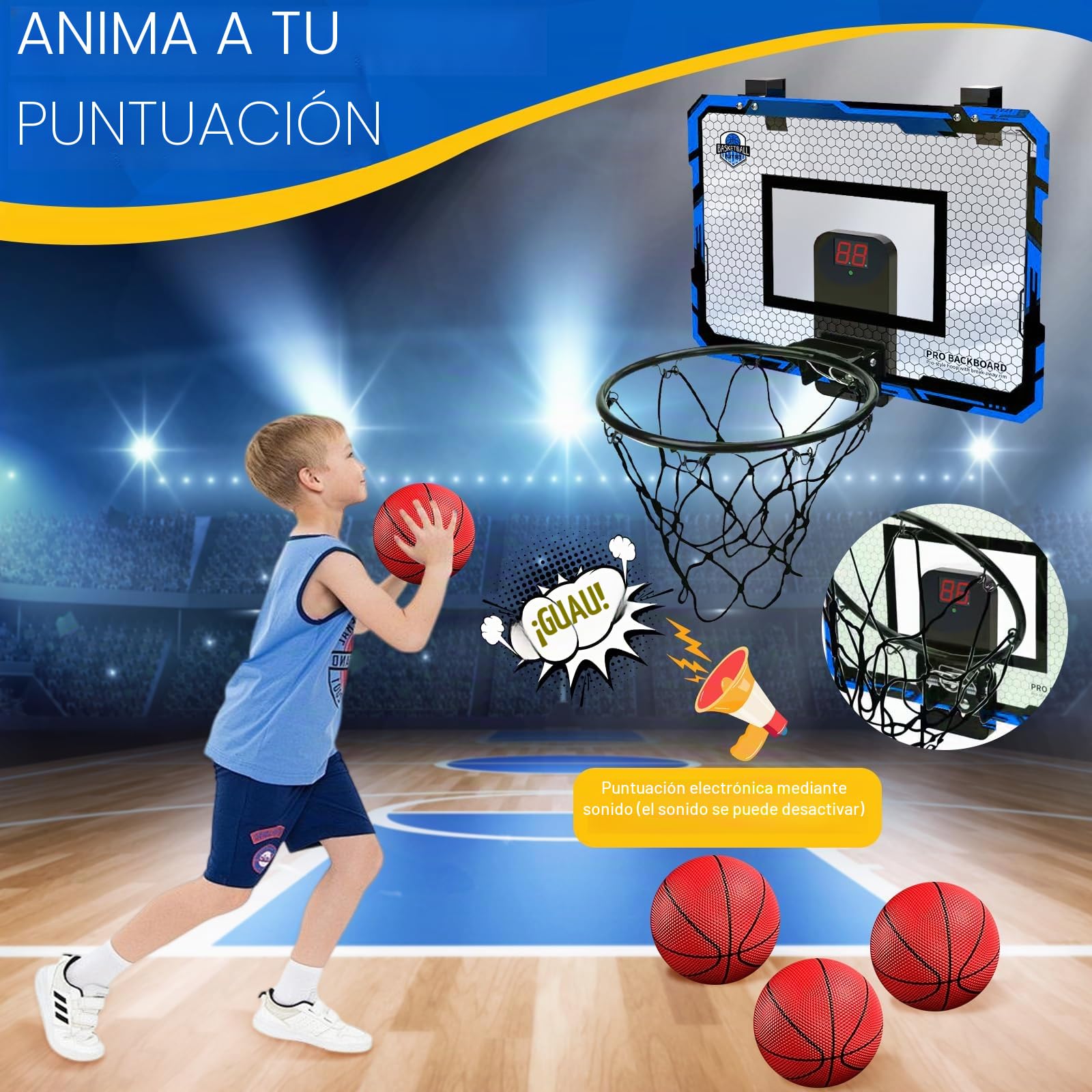 Canasta Baloncesto Infantil,Mini Canasta de Baloncesto Interior,con puntuación automática,4 Pelotas,2 Redes,Aro Baloncestos Interior Exterior Pared para de 5 6 7 8 9 10 11 niños niñas（Azul）