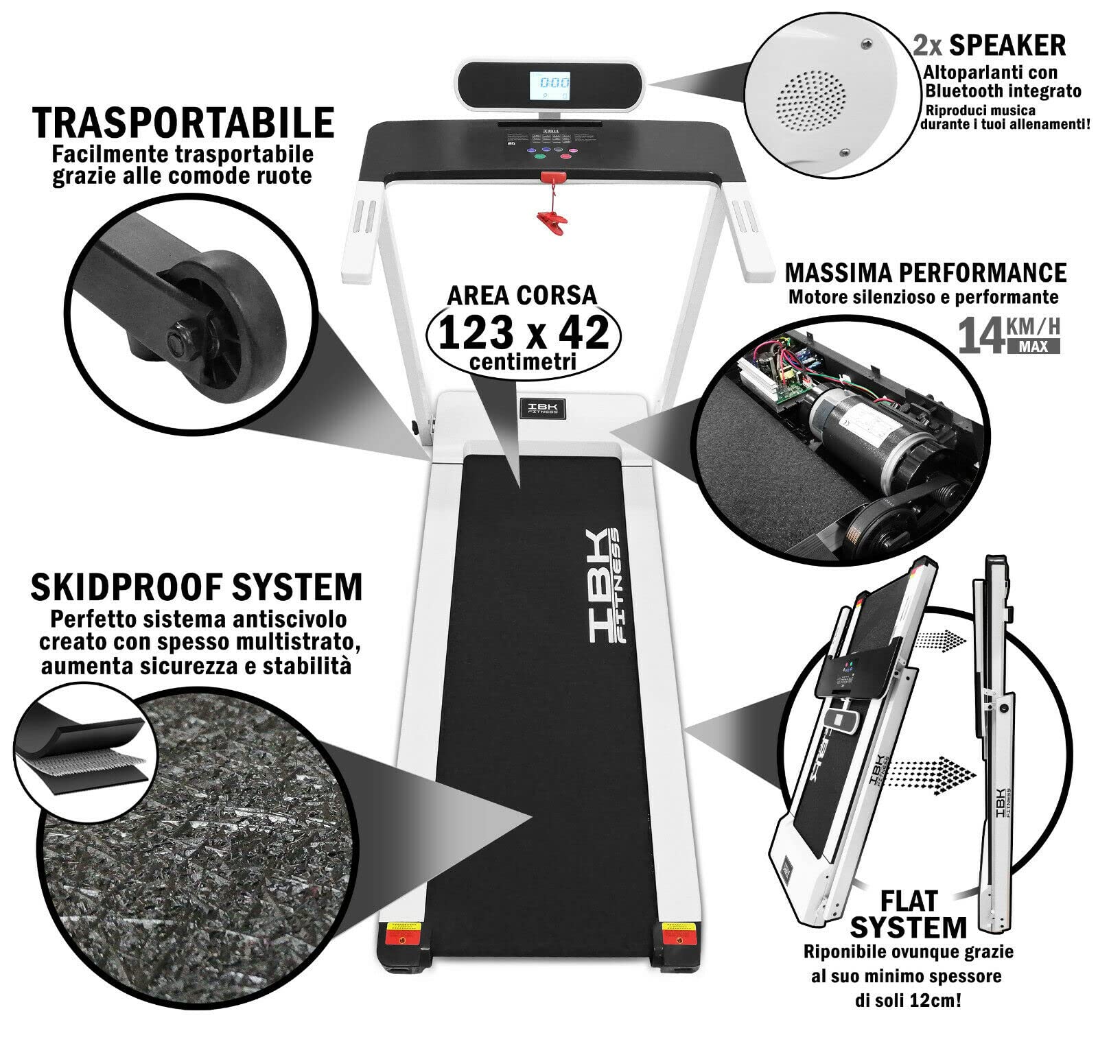 Tapis Roulant elettrico Home Fitness, Tappeto da corsa pieghevole (2.5 HP picco) salvaspazio con Bluetooth integrato, Sensore Cardio, Velocità regolabile 14 km/h, App KINOMAP ZWIFT FitShow
