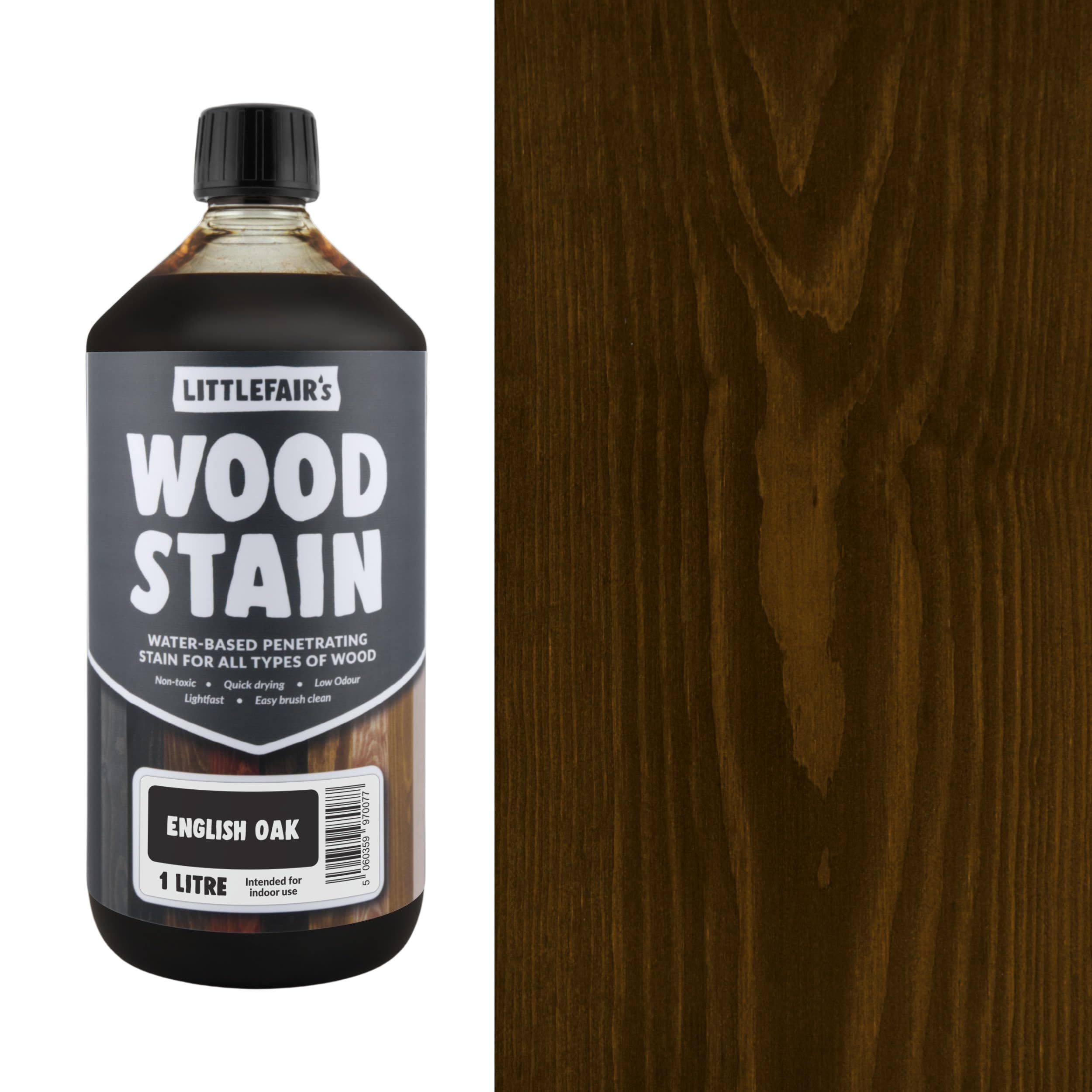 Littlefair's Wood Stain Water Based - 34oz/1ltr - Indoor Furniture Stain Light & Dark Finishes - Special Non Toxic & Eco Friendly Formula - Wood Stain for Crafts - Color: English Oak