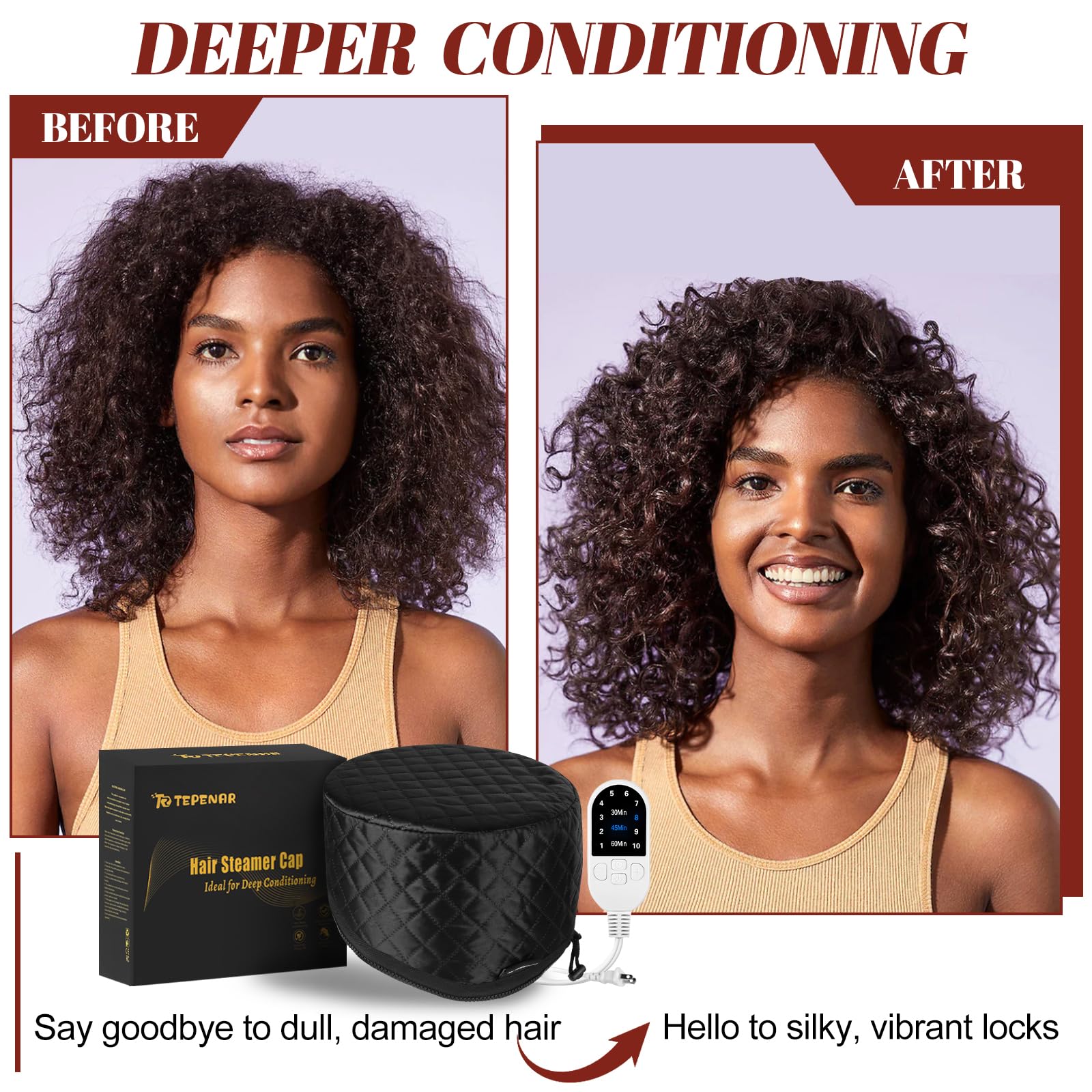Vaporizador de cabello para acondicionamiento profundo: tapa térmica mejorada con calentamiento rápido de 10 niveles, 3 ajustes de tiempo para cabello natural, tapa de vapor térmica portátil 3