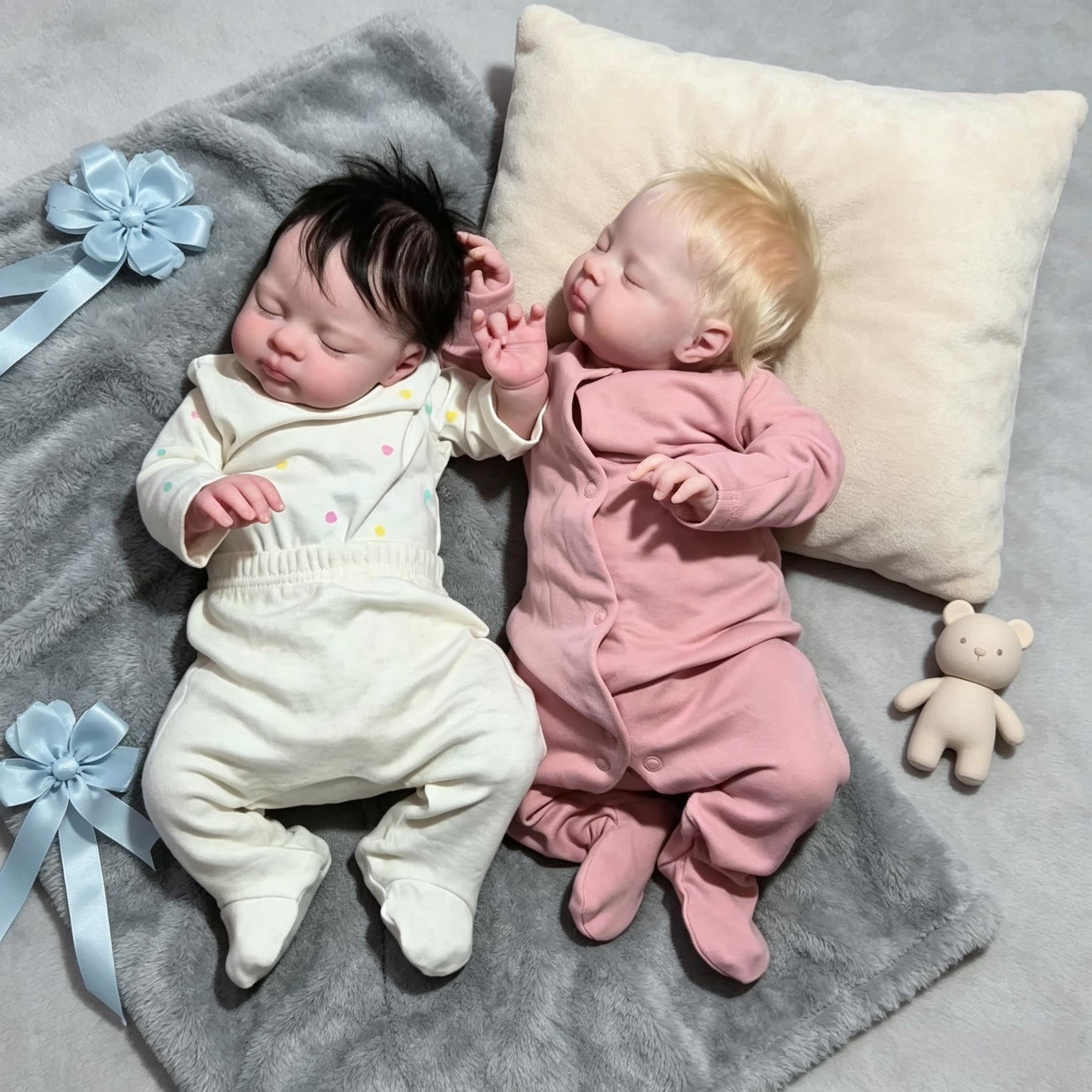 RXDOLL Lebensechte Reborn Babypuppen Zwillinge 19 Zoll Schlafende Reborn Baby Zwillinge Weicher Stoffkörper, Realistische Babypuppen mit Haar, Neugeborenenpuppe Spielzeug für Kinder