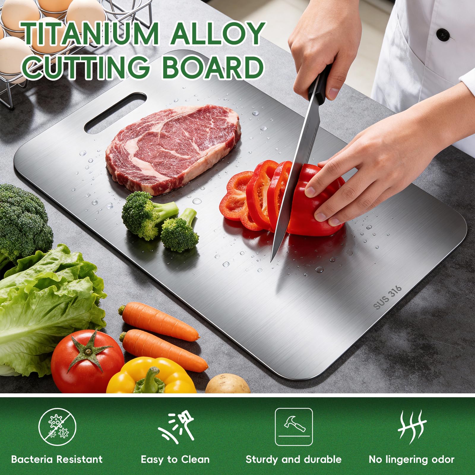 3 Pezzi Tagliere Acciaio Inox 316 Alimentare, Doppio Lato Reversibile, Igienico Antibatterico e Resistente, per Carne, Verdura, Frutta e Pane, Set da Cucina Professionale