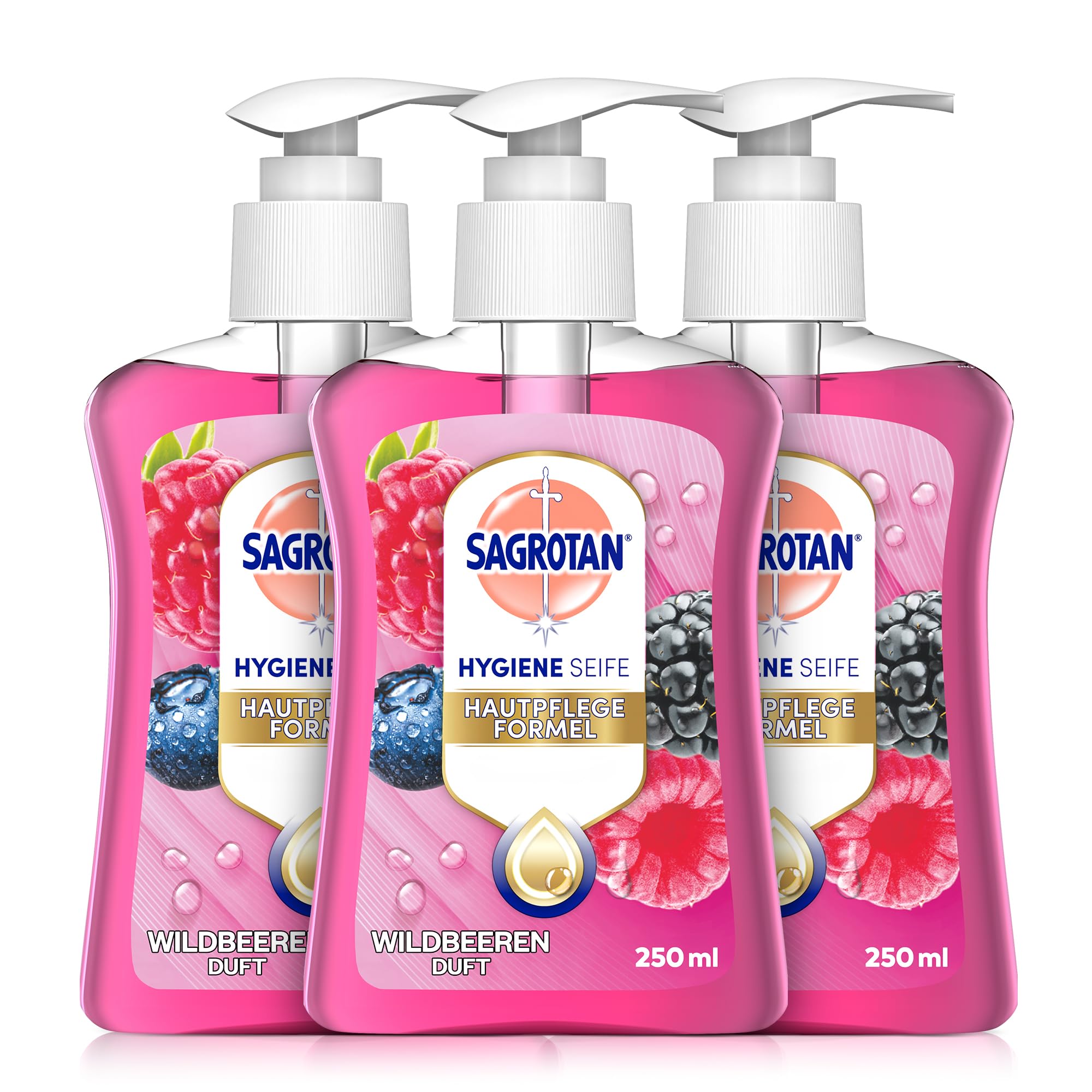 Sagrotan Handseife Brombeere und Waldfrüchte – Hygienische Flüssigseife – 3 x 250 ml Seifenspender