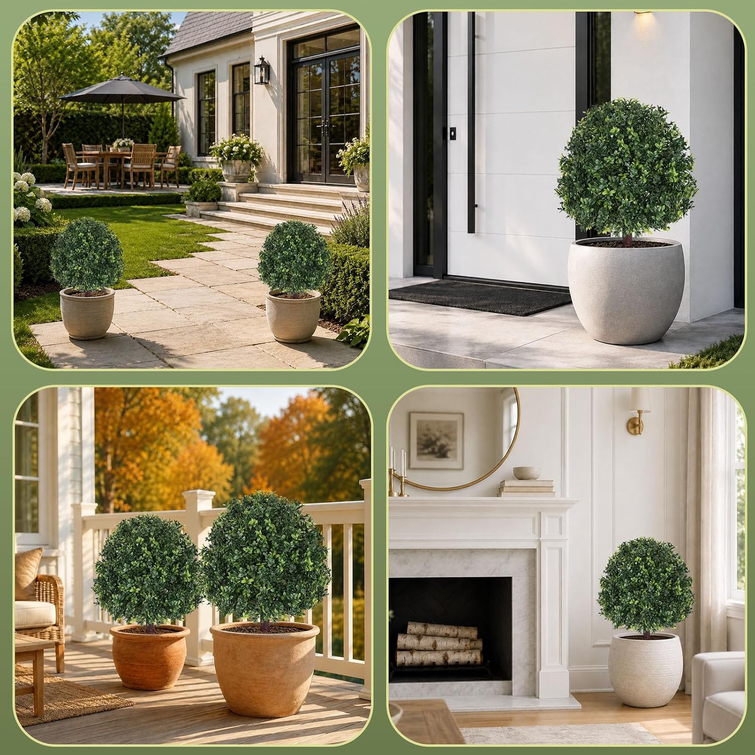 26.5" Artificial Boxwood Topiary Ball Trees with Ground Spike (Set of 2), UV Resistant Faux Boxwood Shrubs, Realistic Yellow Leaves for Outdoor Front Porch, Garden, Patio & Indoor Home Décor