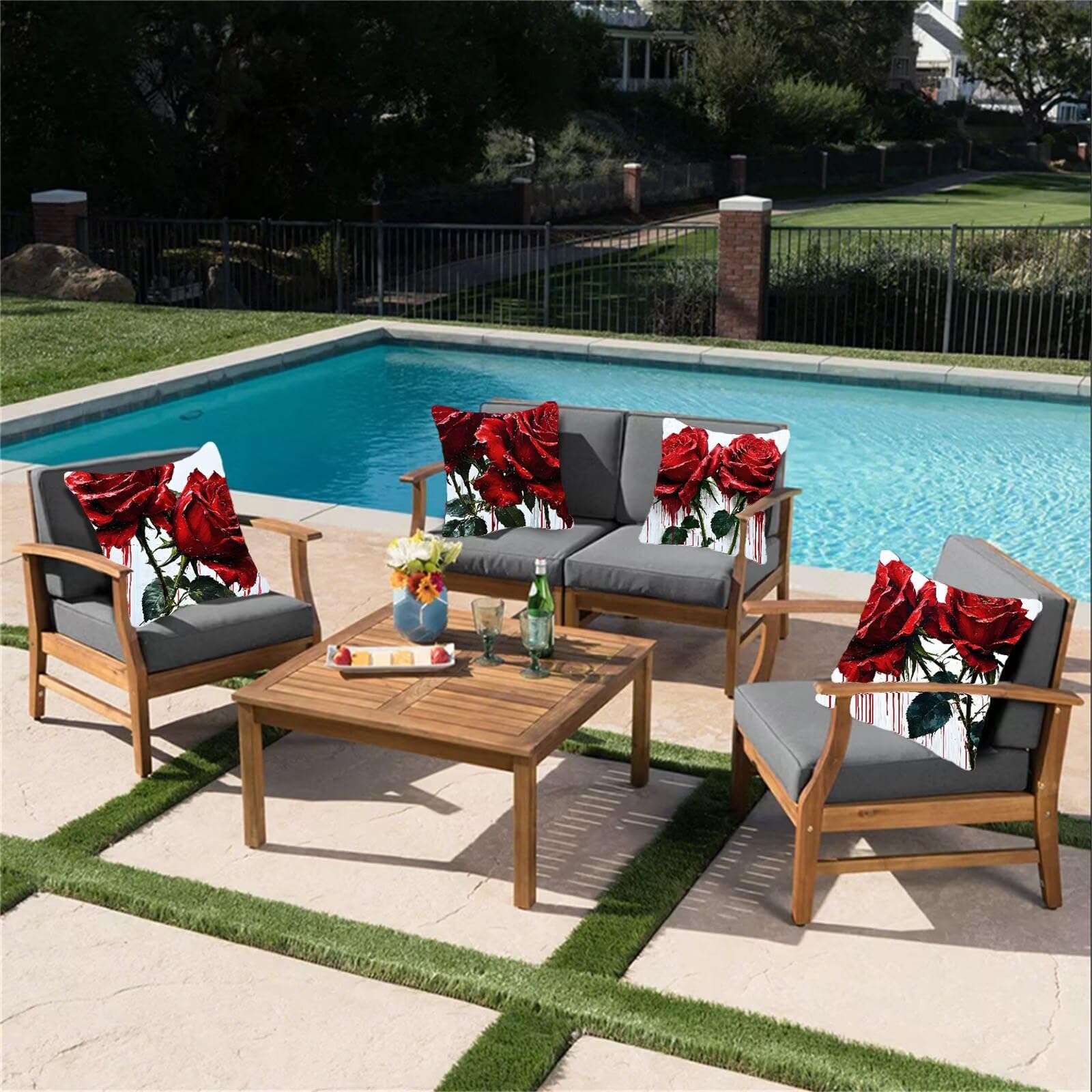 Kissenbezug 65x65 4er Set, Outdoor Kissen Rot Sofakissen, Wasserdicht Kissenbezüge Rose Dekokissen mit Unsichtbarem Reißverschluss, Zierkissenbezüge für Schlafzimmer Sofa Stuhl Bett Garten G1-588