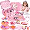 Kids Tea Party Set for Little Girls, Princess Tea Time Toy for Toddler, Tin Tea Set Tea Cups Teapot Dessert Kitchen Pretend Play with Carrying Case, Easter Birthday Gift for Girls Age 3-8
