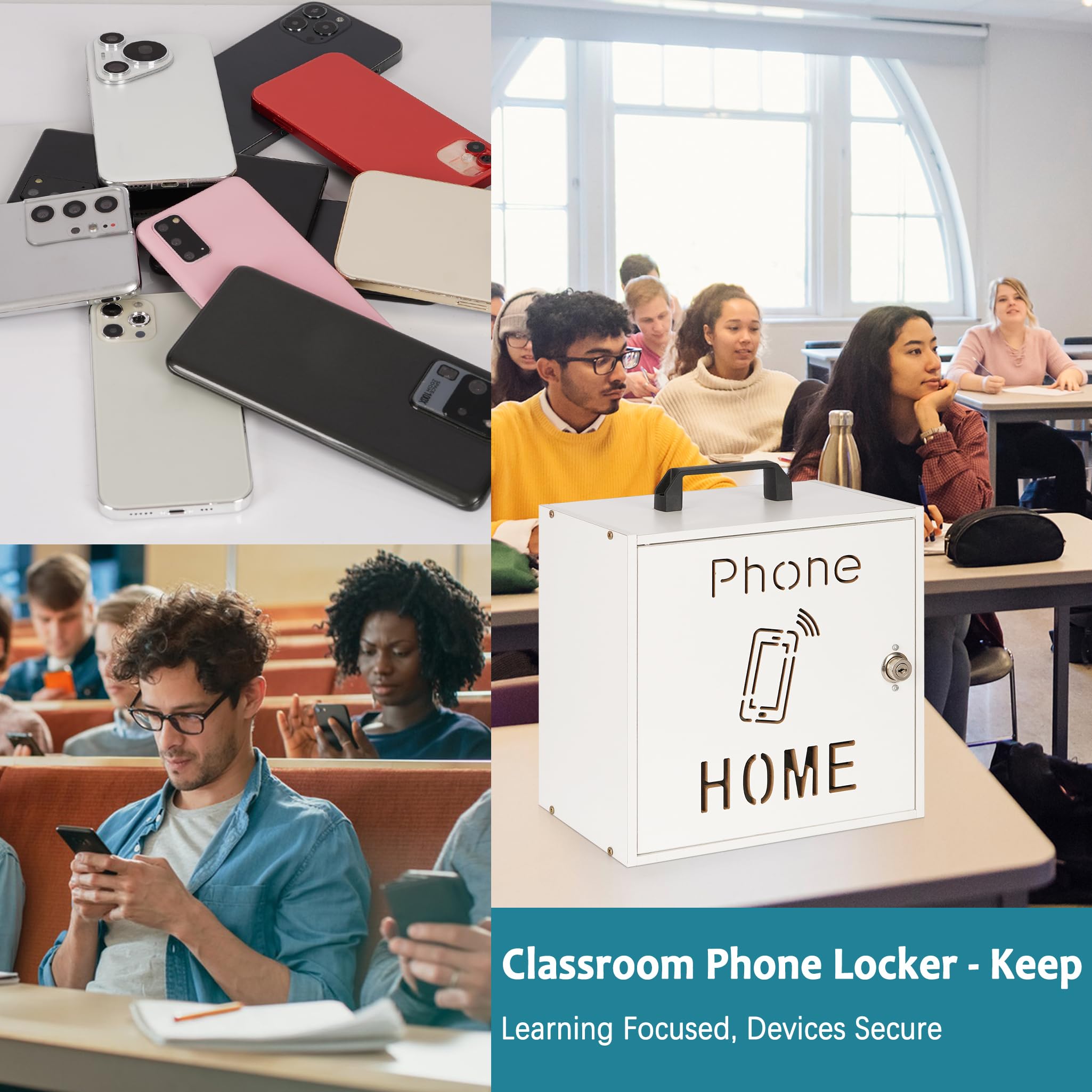 33-Slot Phone Lock Box – Wooden Cell Phone Locker With Key Lock, Transparent Acrylic Door, Carry Handle – For Classrooms, Offices, And Companies (Oak Color)