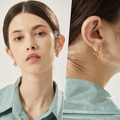 Miniatura 6 de FindChic Aretes hipoalergénicos para mujer, diseño de estrella, corazón, espiga, cuadrado, chapado en oro de 18 quilates, platino, bonitos aretes