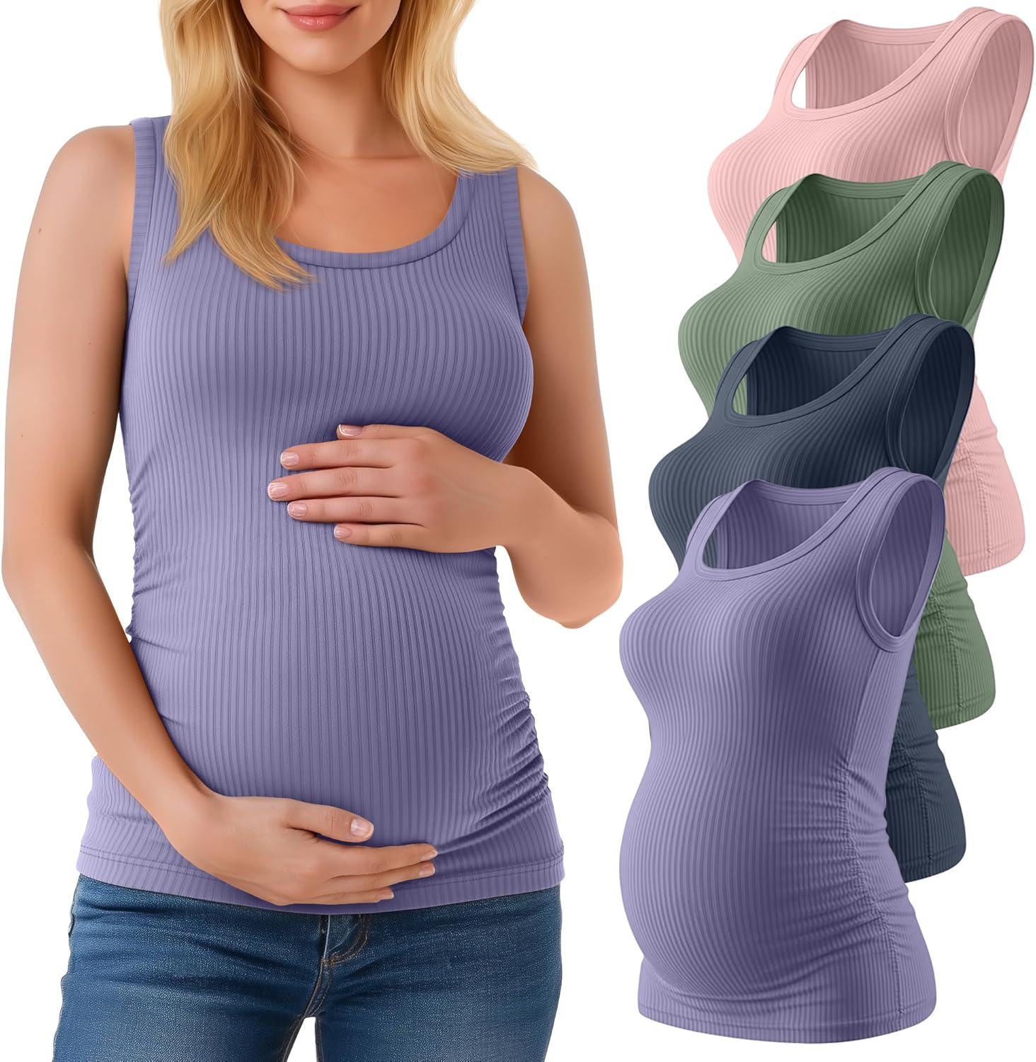 Ficerd 4 Pack Women's Maternity Tank Tops, Side Ruch Sleeveless Cotton Pregnancy Shirts Casual Ribbed Basic Maternity Clothes