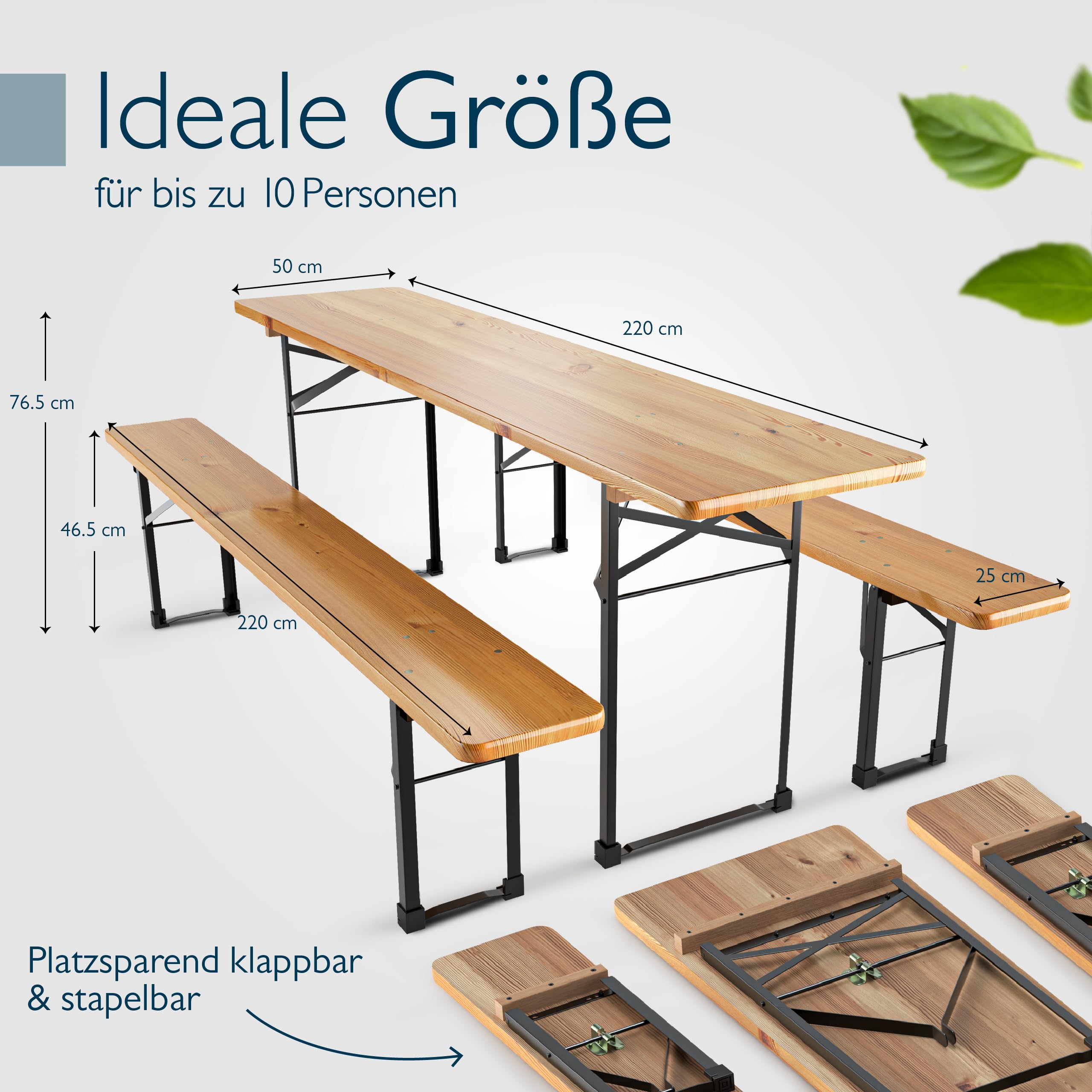 Beautissu 3tlg Bierzeltgarnitur 220x50 cm Holz - 1x Biertischgarnitur & 2x Bierbank Biertisch Bierzeltgarnitur klappbar - FSC® Bierbankgarnitur Biergartengarnitur Festzeltgarnitur Campingtisch Outdoor