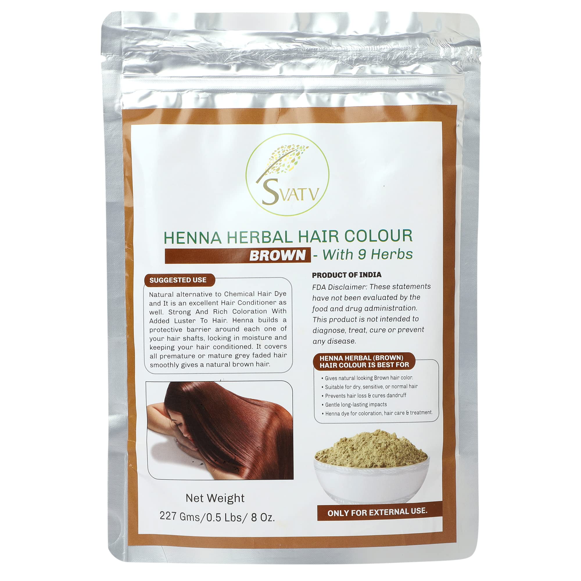 Colore per capelli all'henné MARRON con 9 erbe II Mehndi per capelli, Colore naturale per capelli II 227 g, 0,5 libbre, 08 once