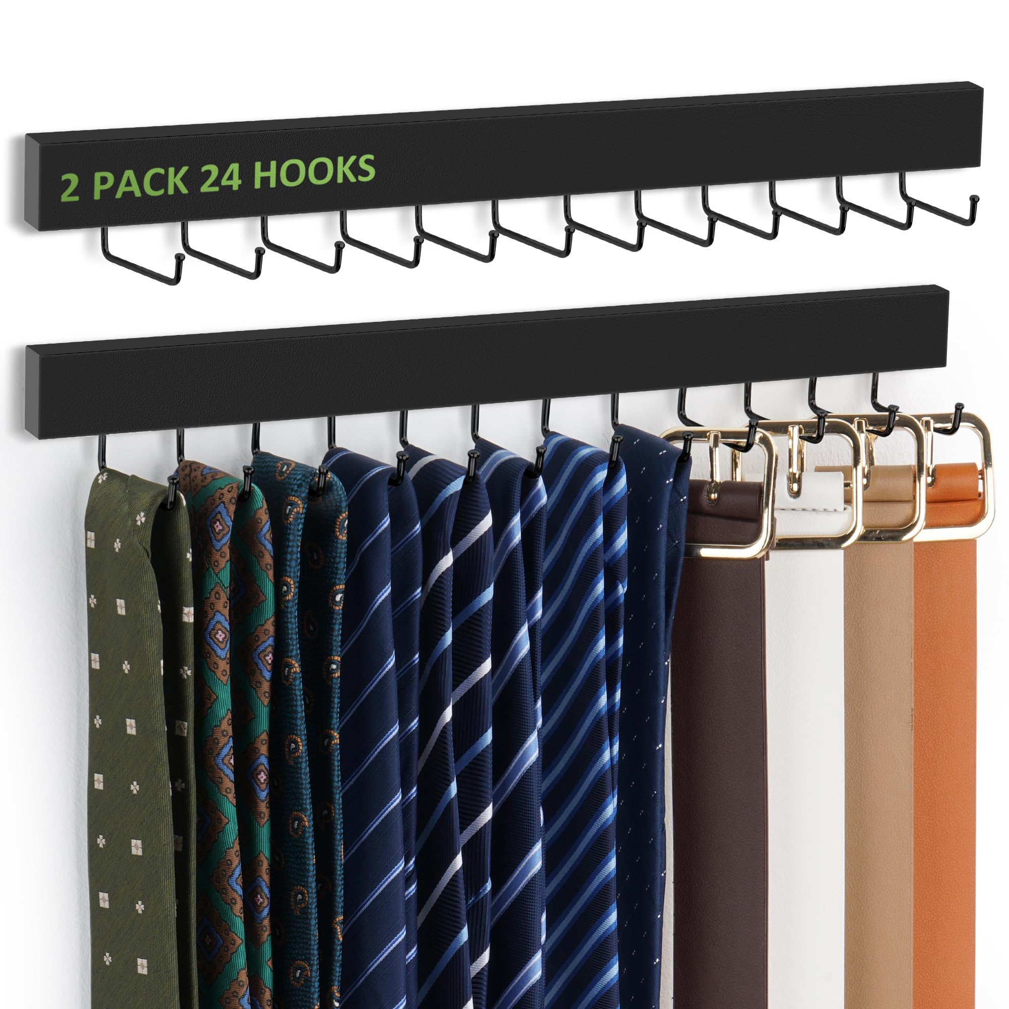 Photo 1 of 2 Pack Tie Hanger Wall Mounted, Wooden Tie Rack Belt Hanger with 24 Non Slip 180° Rotating Hooks, Belt Organizer Space Saving Tie Hanger for Closet, Tie Holder & Tie Organizer, Black