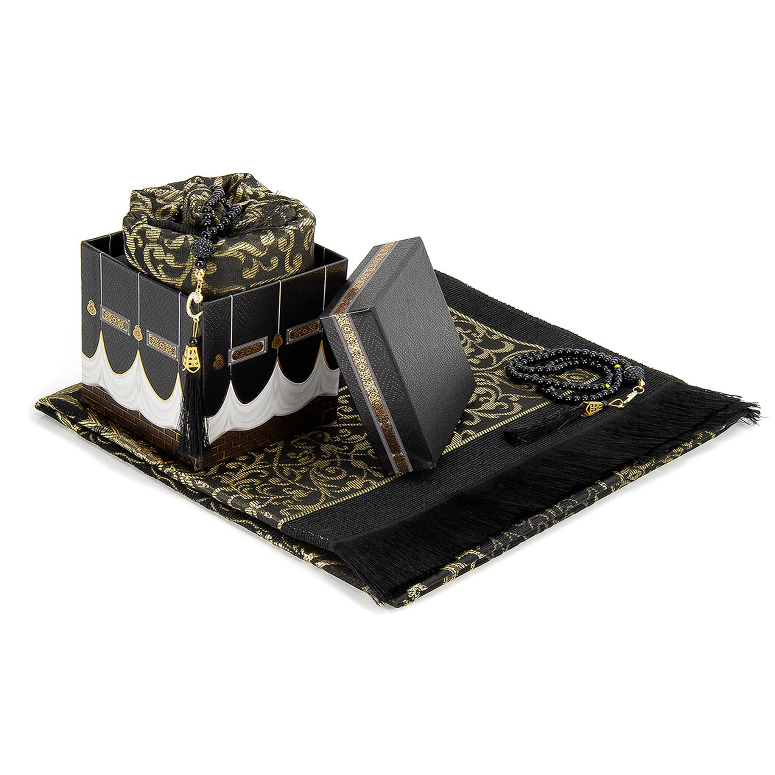 CARPETIA Ensemble de tapis de prière doré avec boîte cadeau carrée et cadeau islamique Tesbih 99 pour homme et femme pliable facile d'entretien pour voyage, mosquée maison 65 x 110 cm