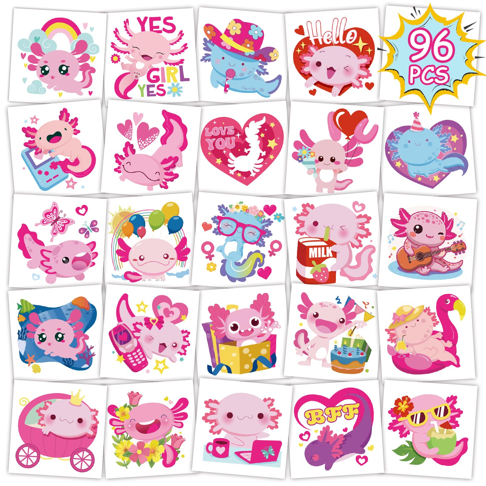 Konsait 96PCS Axolotl Tattoos for Kids, Pre-cut Axolotl Theme Temporary Tattoos, Axolotl Birthday Decorations Party Favors, Kids Axolotl Gifts & Reward, 48 Designs