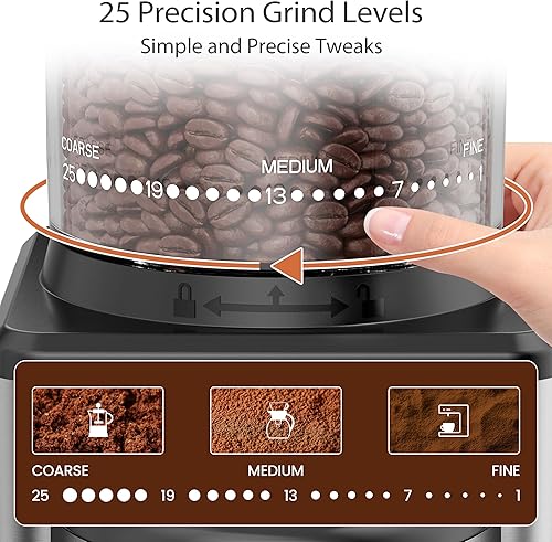 Miniatura 2 de Molinillo de café cónico para el hogar, 25 ajustes de molienda precisos, temporizador de 60 segundos, rebabas de acero inoxidable fáciles de