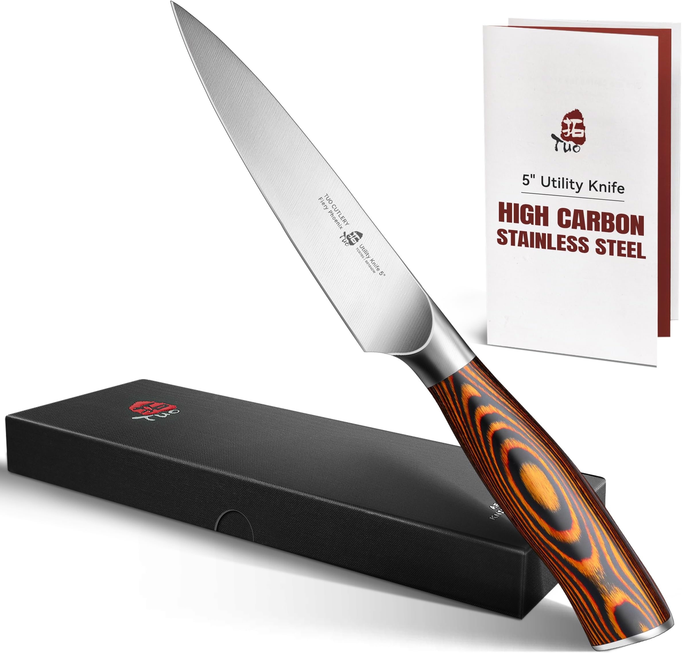 Kitchen Utility Knife- Small Kitchen Knife - High Carbon German Stainless Steel Cutlery - Ergonomic Pakkawood Handle - Luxurious Gift Box Included - 5 inch - Fiery Phoenix Series