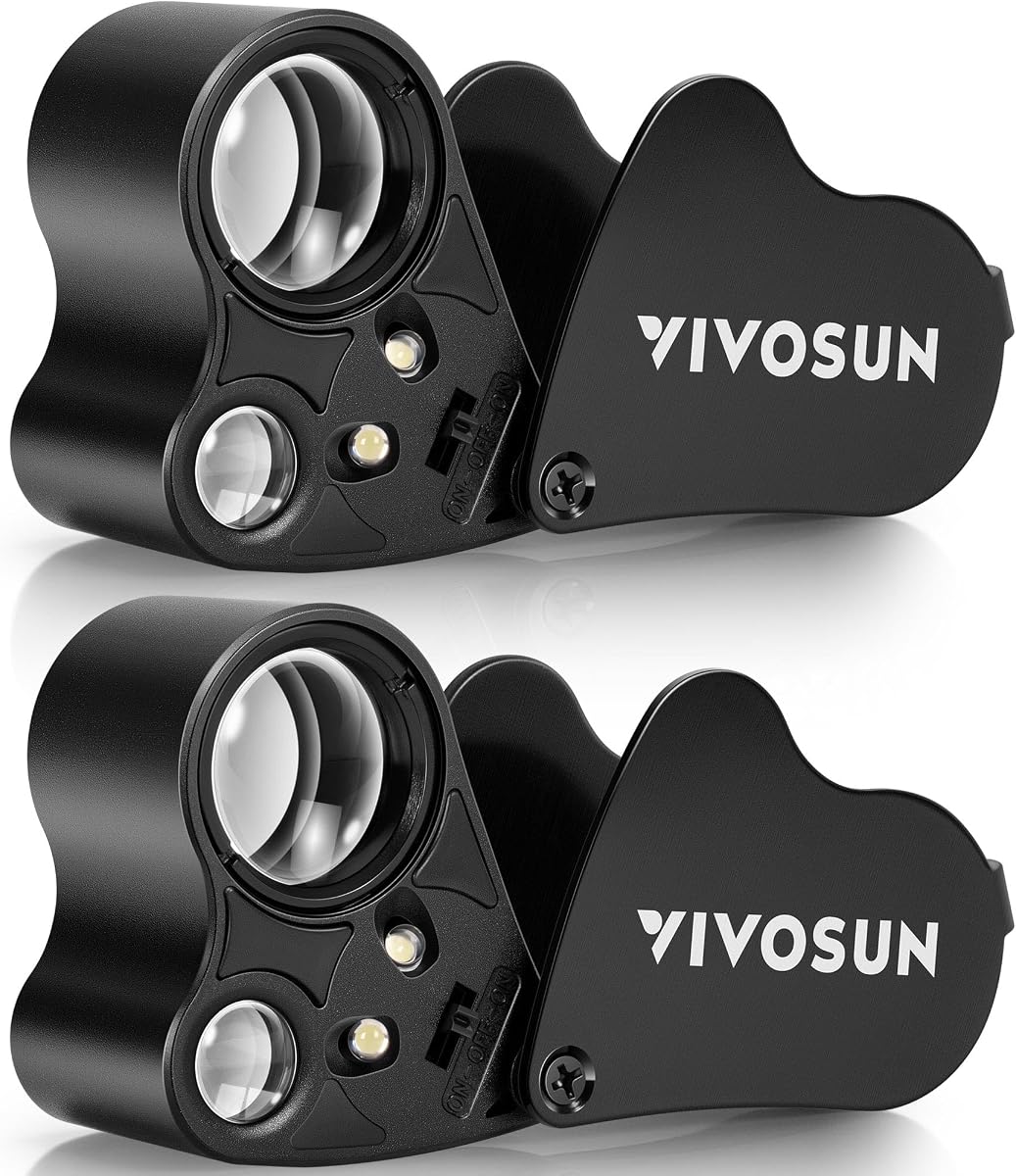 VIVOSUN Lupa de joyero iluminada 30X 60X con luz LED, negra, paquete de 2 | Lentes dobles intercambiables; tamaño de bolsillo; Durable; Lupa con luz LED para joyería, gemas, relojes, monedas, sellos, antigüedades