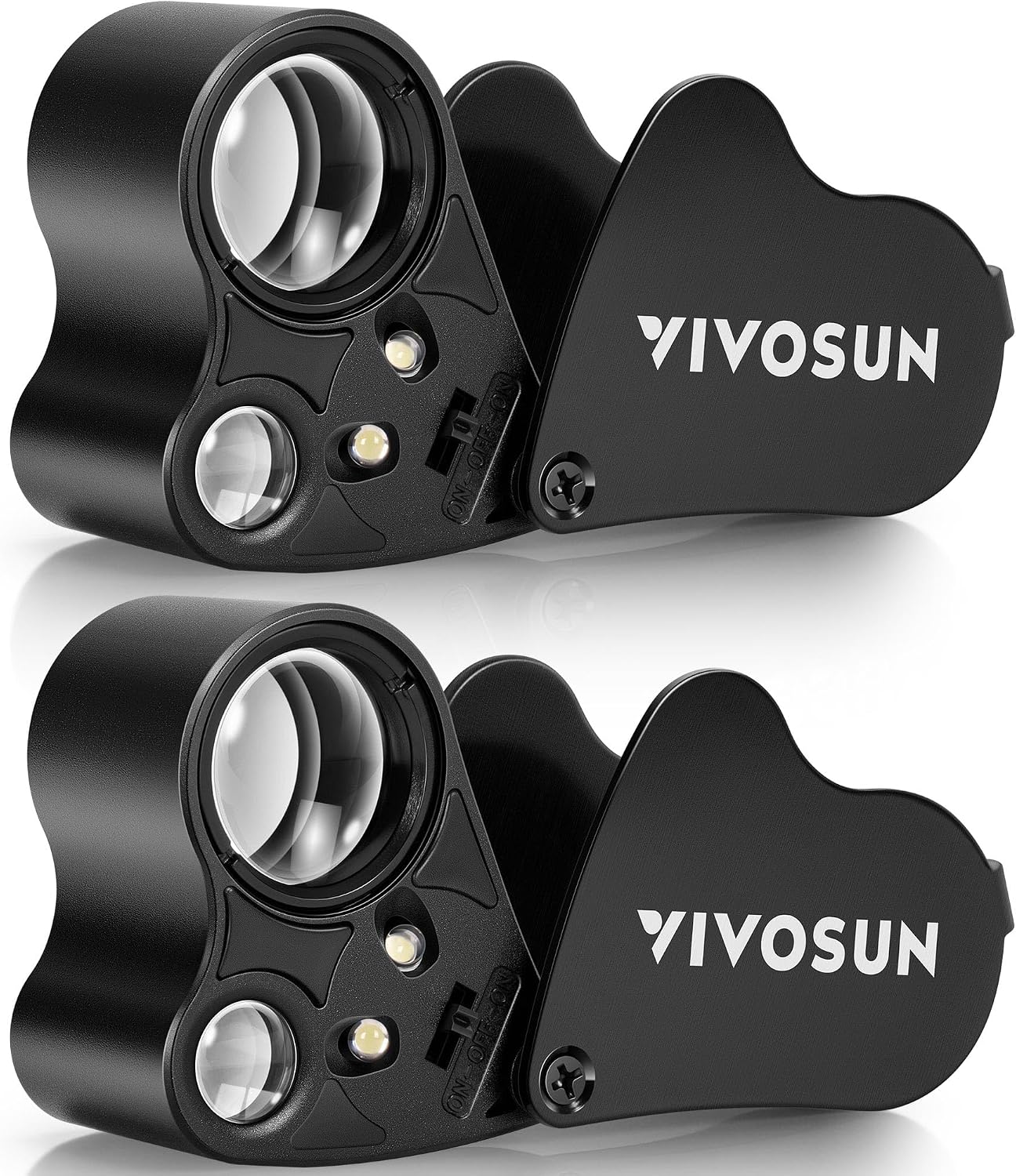 VIVOSUN 30X 60X Illuminated Jewelers Loupe with LED Light, Black, 2-Pack | Dual Interchangeable Lenses; Pocket Size; Durable; Magnifier with LED Light for Jewelry Gems Watches Coins Stamps Antiques