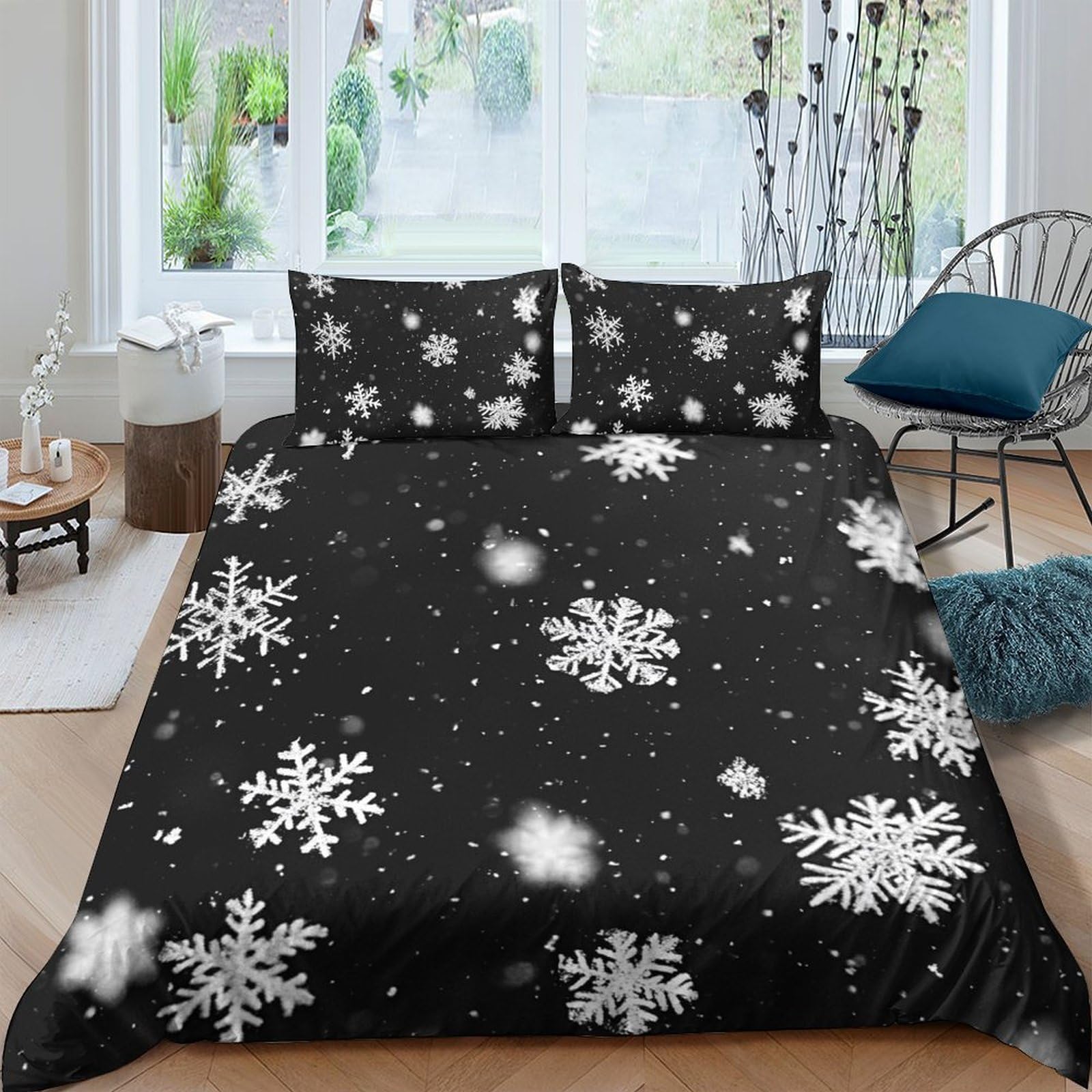 Ctjqhvkz Style-9 3D Printed Snowflake Night Fitted Sheet Microfiber Black Mattress Cover For Bedroom Guest Room Decor Easy Care Protection Single（135X200cm）
