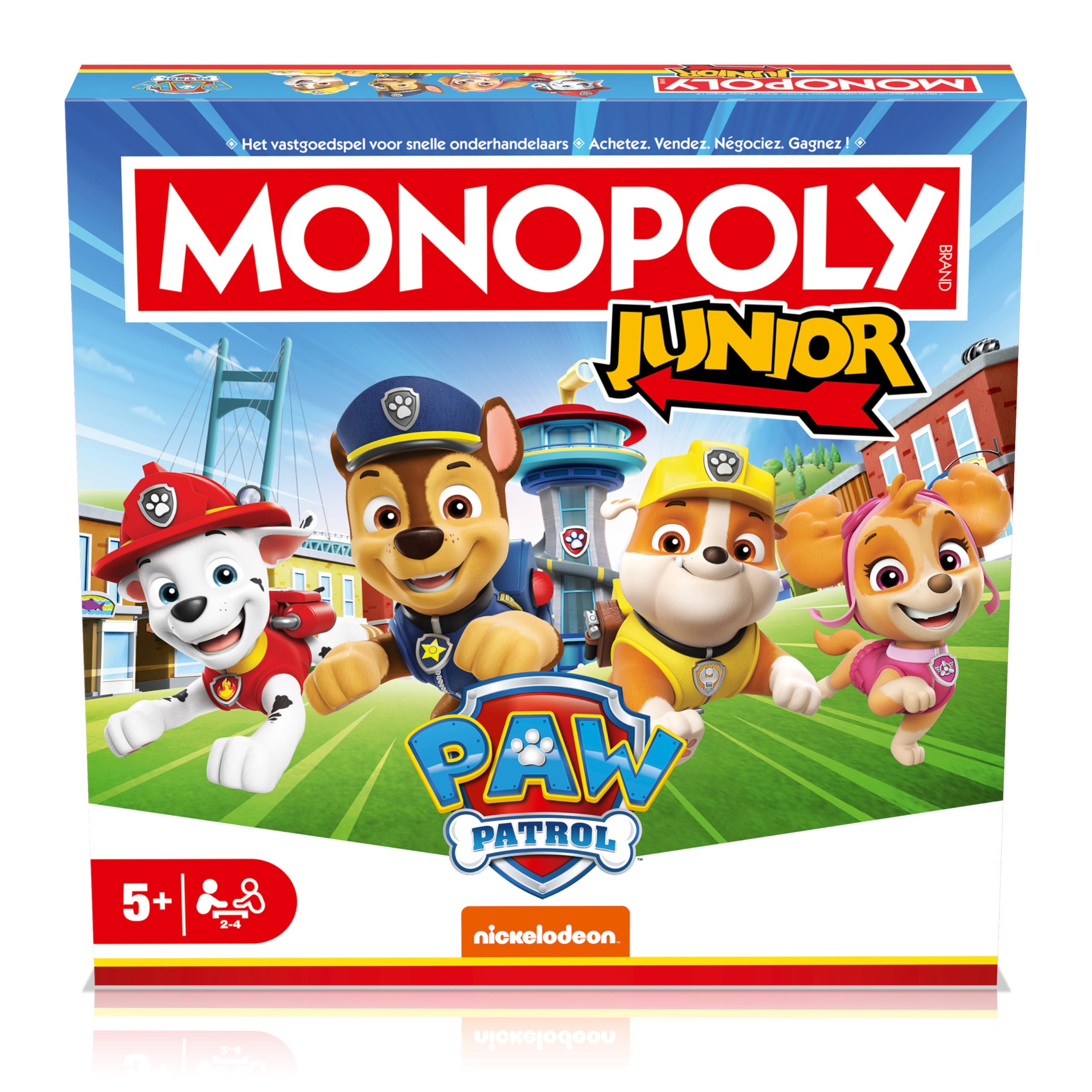 Winning Moves Monopoly Junior Psi Patrol Junior Edition - Gry rodzinne Strategiczne Gry planszowe Monopoly Psi Patrol Junior - gra planszowa dla dzieci - 2+ graczy od 5 lat - holenderski/francuski