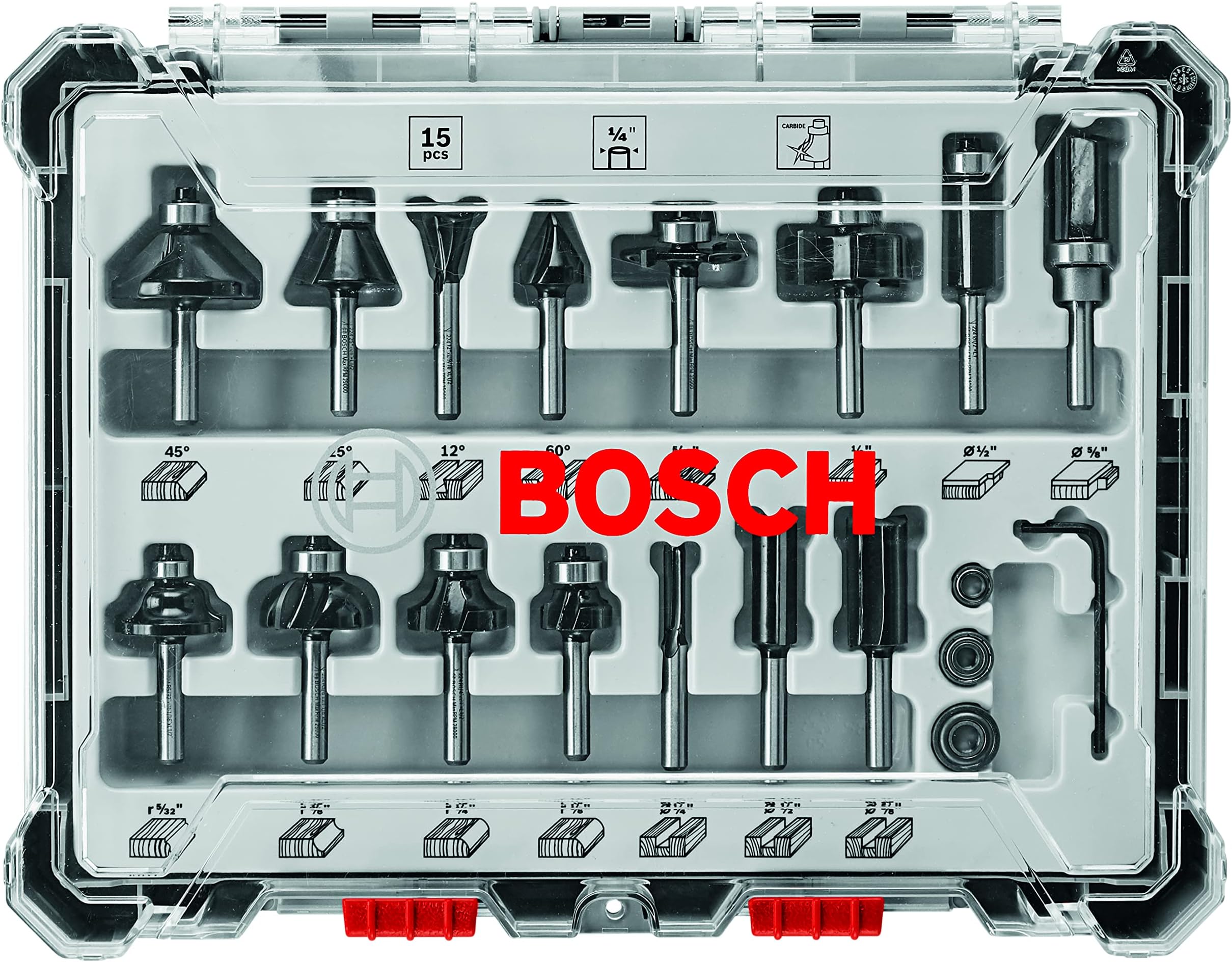 BOSCH RBS015MBS 15-Piece (Universally Compatible Accessory) Carbide-Tipped Wood Router Bit Assorted Set