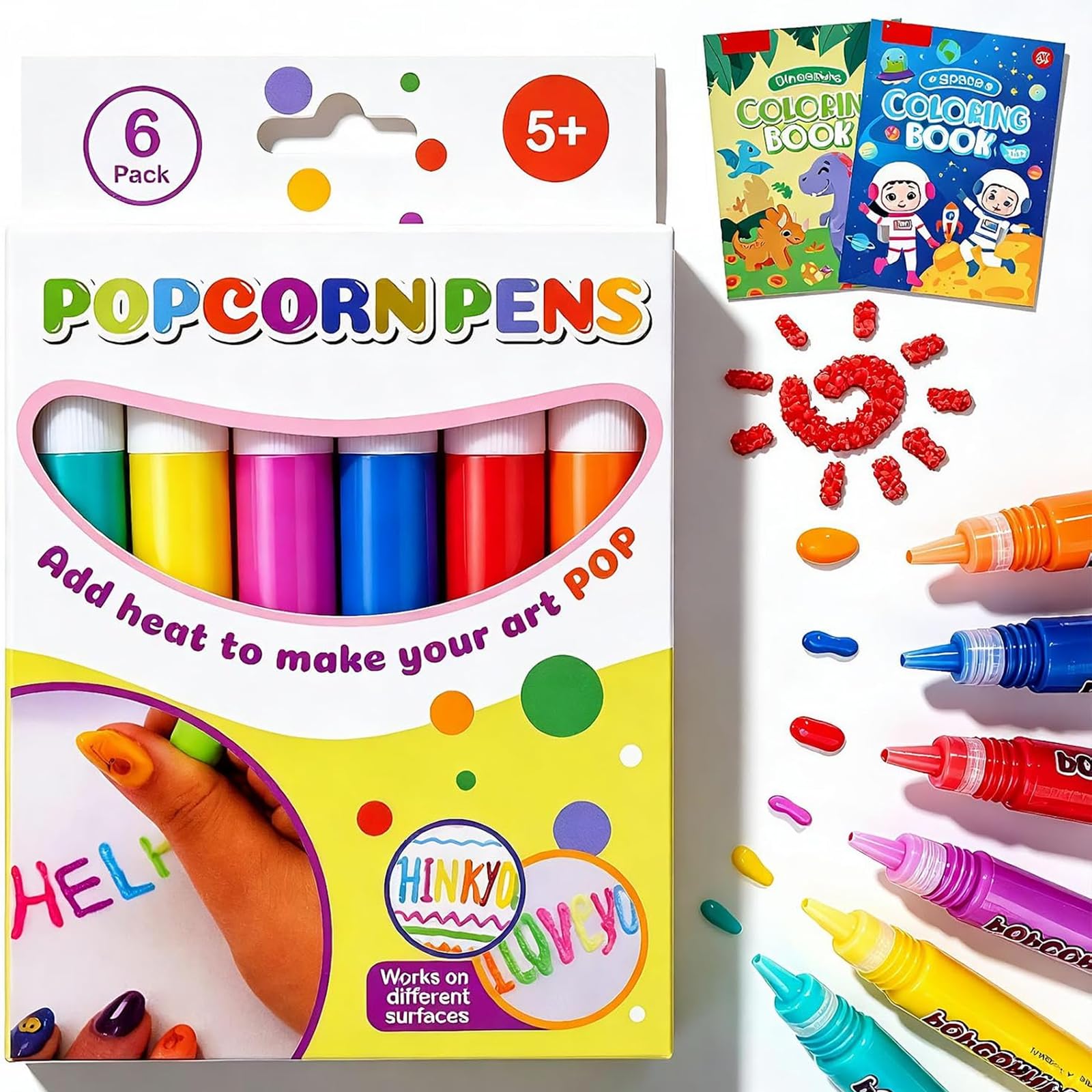 Pealeaf Popcorn Pens 18PCS, Puffy 3D Art Pens for Kids, Bubble Drawing Markers with 6 Colors, DIY Craft Supplies for Greeting Birthday Cards, Creative Painting Gifts for Children (6PCS)