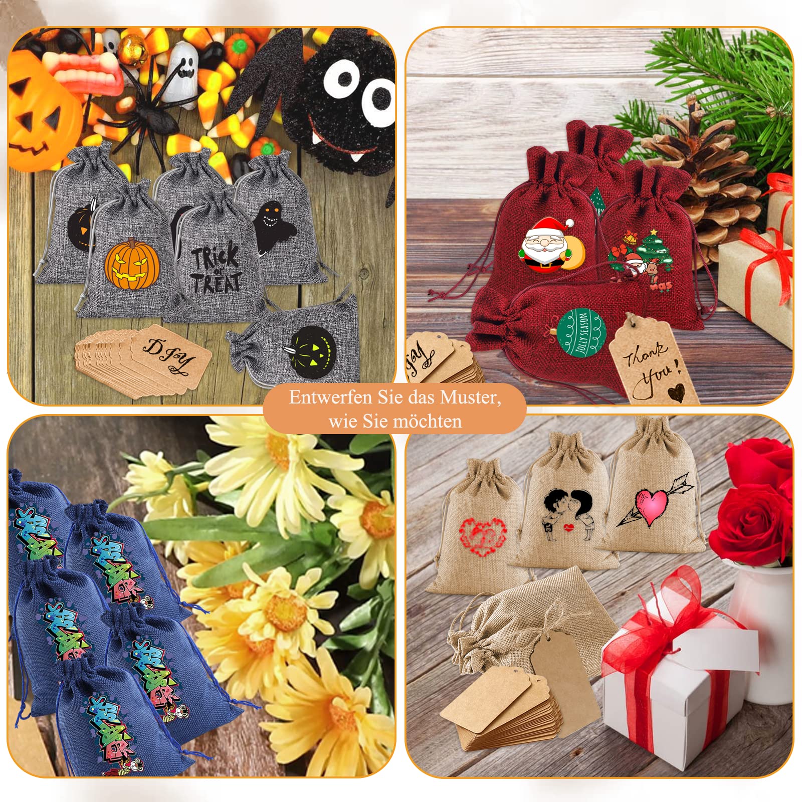 Sacchetti Regalo In Iuta Con Coulisse - 24 Pezzi Con Etichette E Cordino, Riutilizzabili - Foto 4