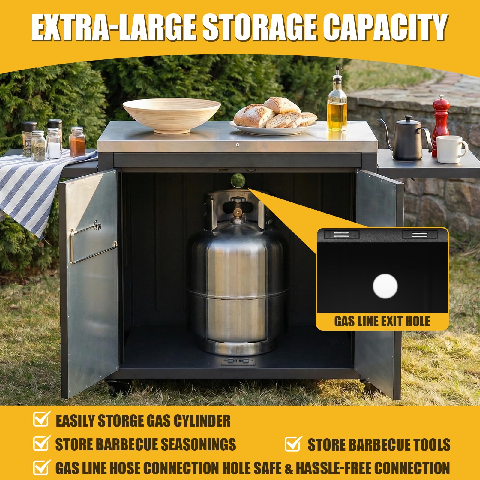 GFTIME Carrello da cucina per esterni, 89,9 x 65 x 91,9 cm, con piano di lavoro in acciaio inox, 2 ripiani laterali pieghevoli, 2 ante e ruote, carrello da portata mobile per barbecue, giardino