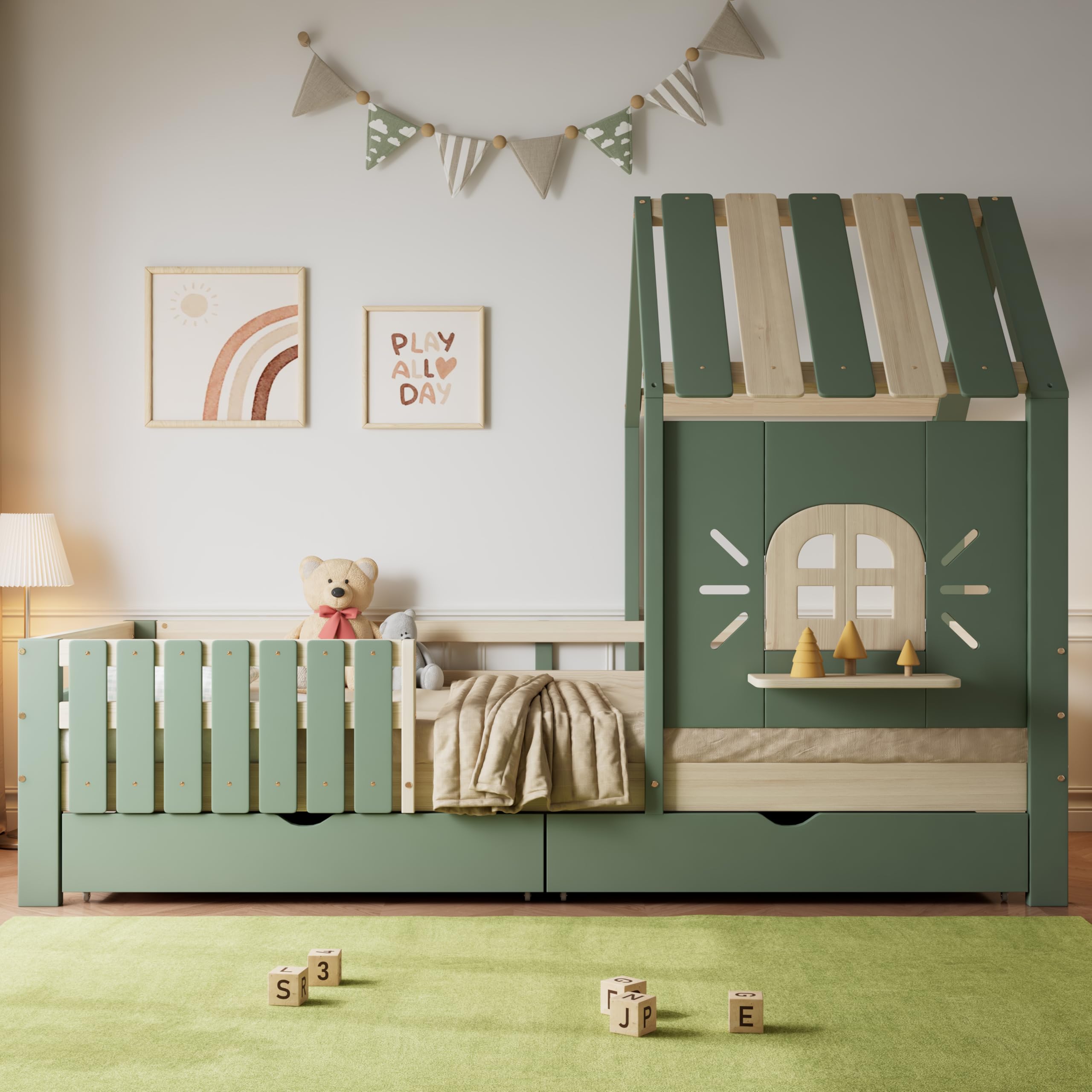 Kinderbett 90x200 cm, Holzbett mit 2 Schubladen, Hausbett mit Dach und Fenster, Bettgestell mit Lattenrost, für Mädchen Jungen, Grün, ohne Matratze