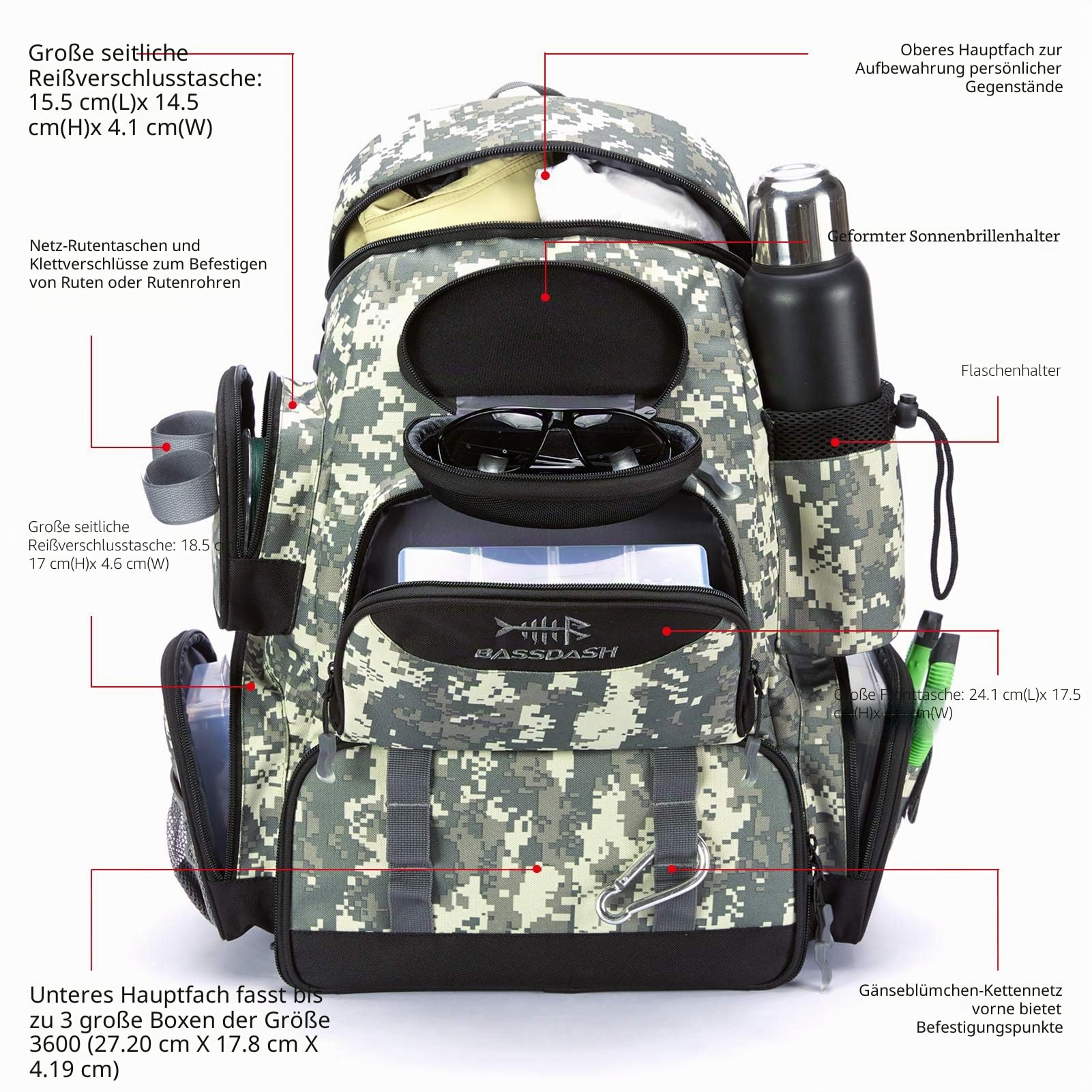 Bassdash Angelrucksack wasserabweisend leicht taktische Tasche Angelkoffer mit Rutenhalter und schützender Regenhülle