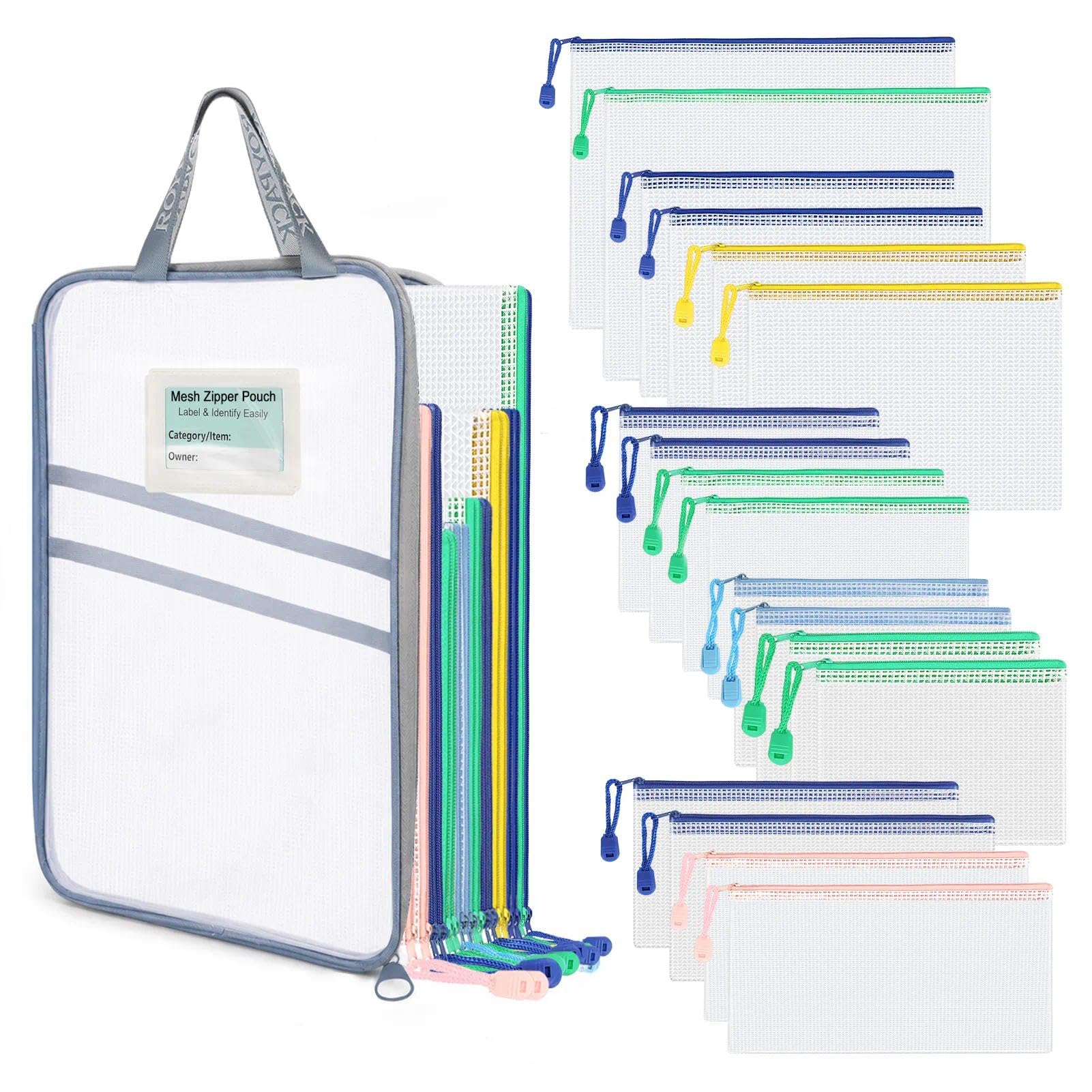 ROYPACK 18-Pack Mesh Zipper Pouch Set with 1 Organizer Bag, 19pcs