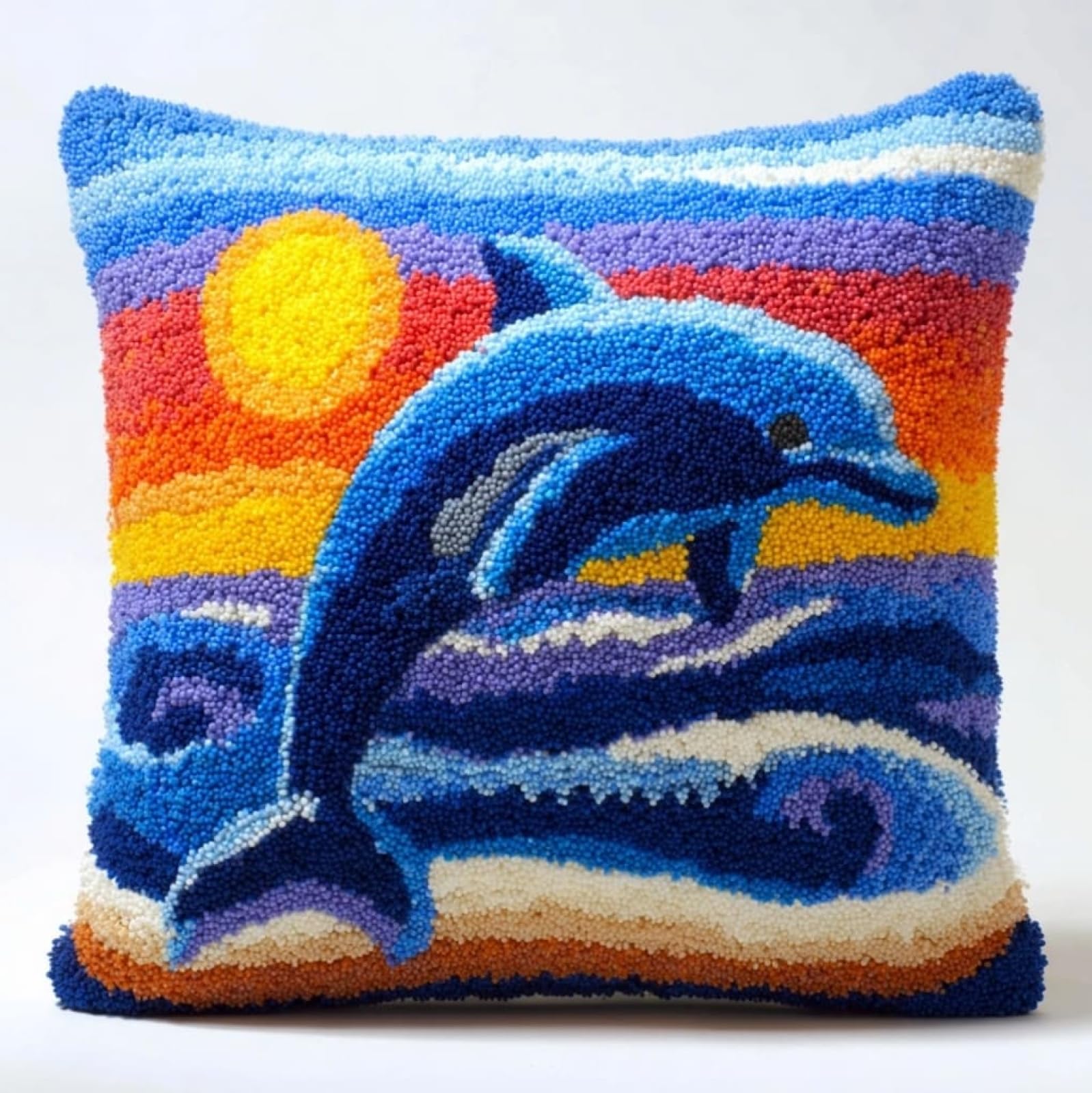 Axiangzik Pre-Printed Latch Hook Pillow Kit,Cartoon Dolphin 17X17 Inch Latch Hook Cushion Kits For Adults Beginners,Diy Embroidery Cushion For Home Sofa Decor & Gift Idea