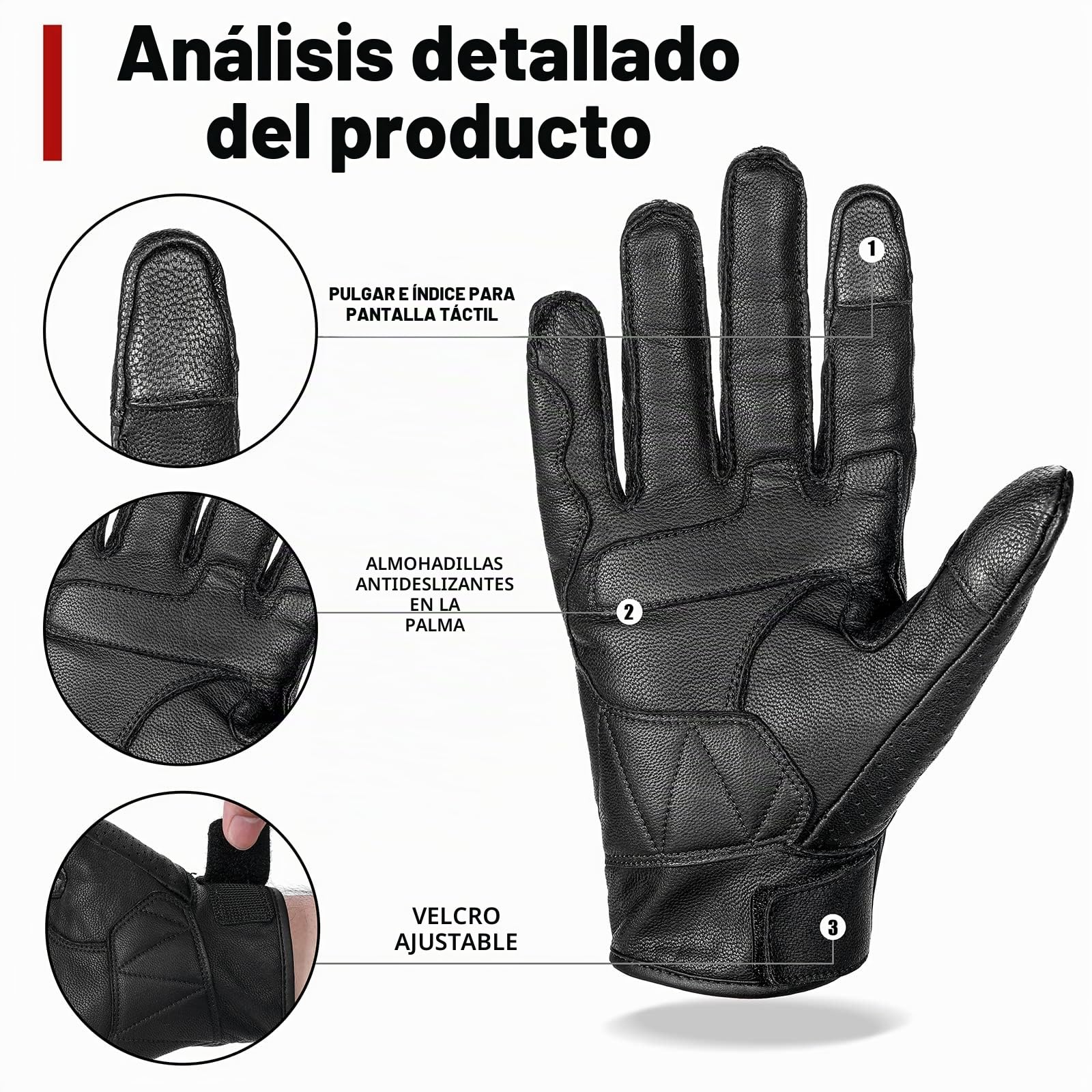 BORLENI Guantes de Moto de Cuero de Piel de Cabra con Pantalla Táctil con Protección de Nudillos de Dedo Completo para Hombre Transpirable para Verano Negro