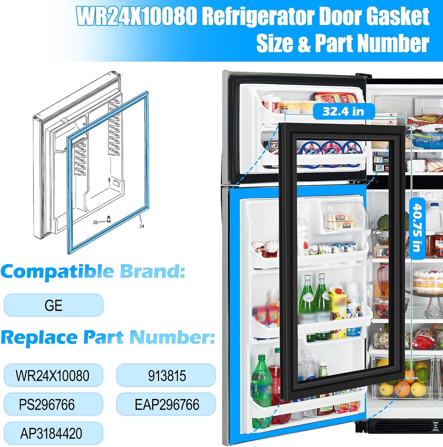 Upgraded WR24X10080 Refrigerator Door Gasket Compatible with GE Refrigerator Door Seal Replacement 913815 AP3184420 PS296766 EAP296766 Fridge Door Gasket Seal GTH22SBNARBS Black Fridge Door Seal