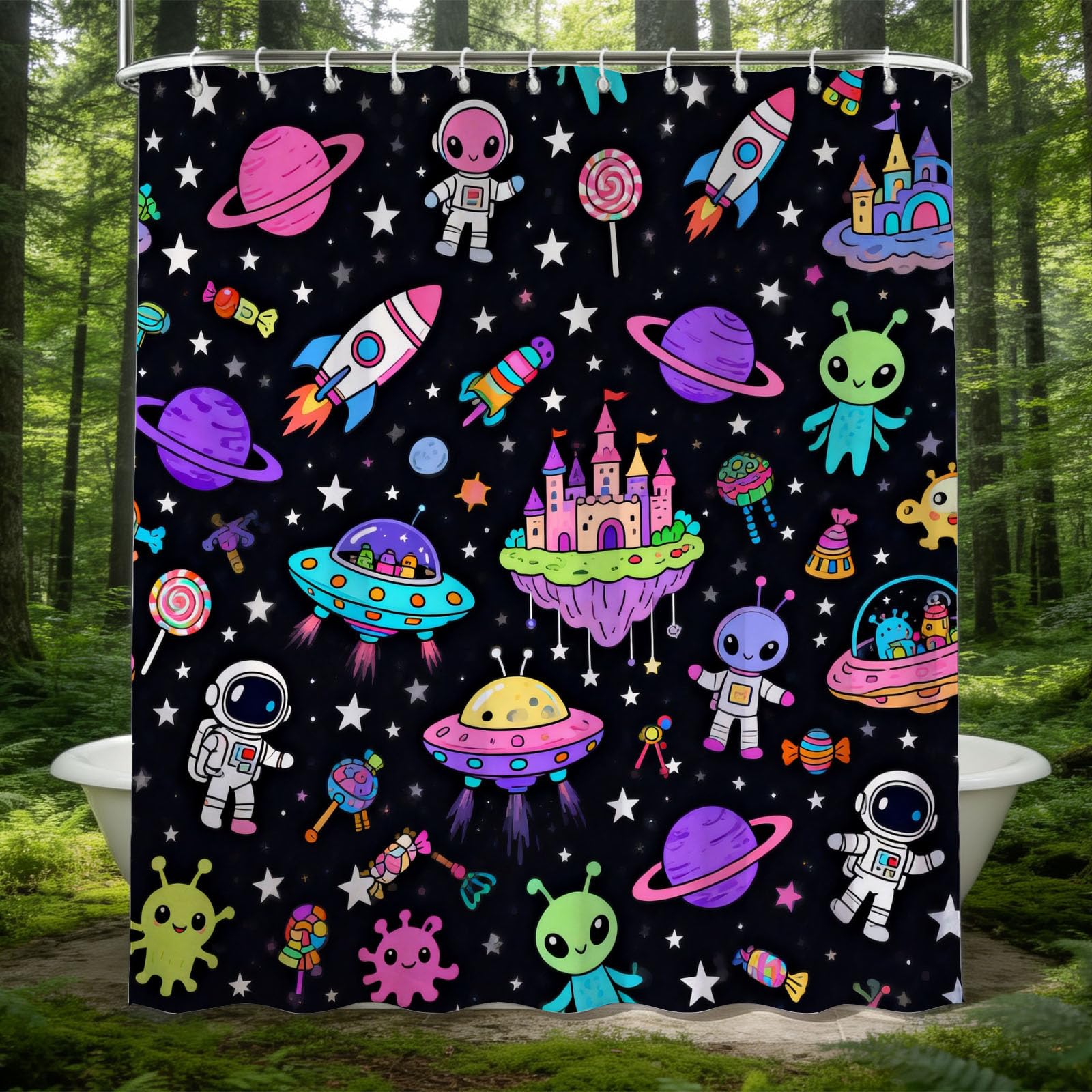 Hongduo 3D Cartoon Space Shower Curtain for Stalls Bathtubs Cartoon Bathroom Decor Shower Curtain Set Polyester Fabric Waterproof 200x200cm/79X79 Inch with Hooks
