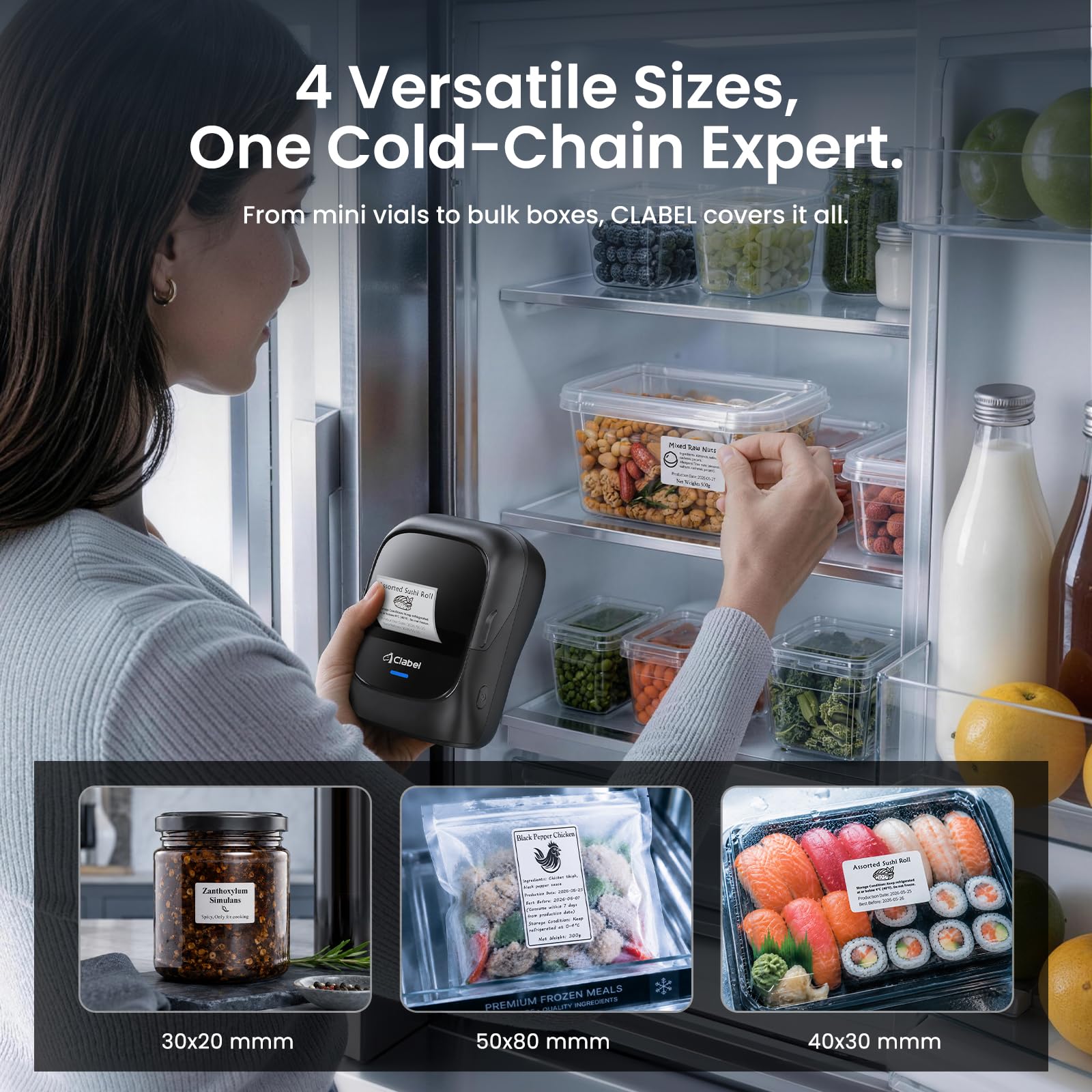 CLABEL 221B Etichettatrice Kit per Congelamento 3 Rotoli 50x30mm + 1 Rotoli 50x30mm Stampante Etichette Adesive Termica Bluetooth Portatile per Freezer Alimenti e Logistica Catena del Freddo Cucina
