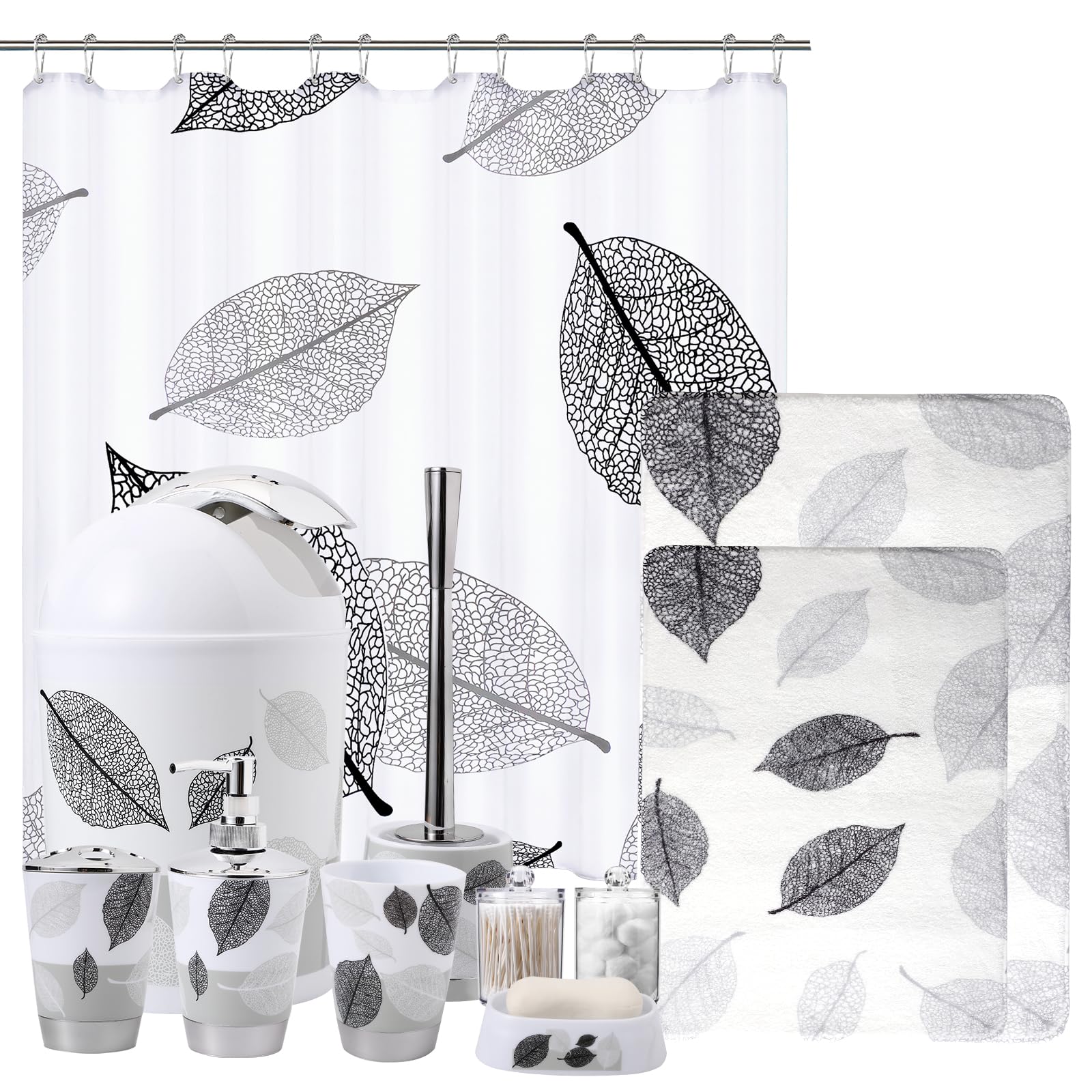 Juego de accesorios de baño grises con cortina de ducha de hojas grises, 12 juegos de baño con papelera, soporte para cepillo de dientes, vaso, dispensador de loción, bandeja, jabonera, cepillo de