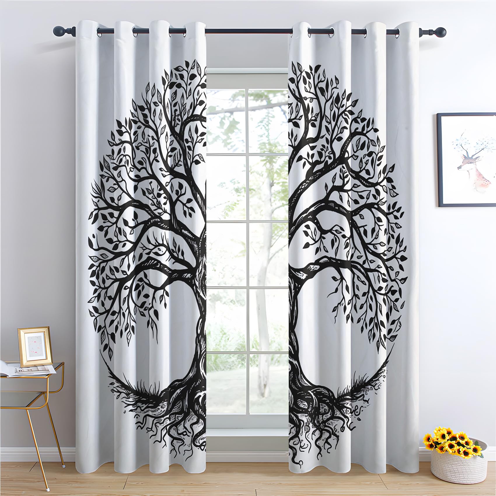 Rideau Occultant Arbre De Vie, Arbre Noir Et Blanc Motif Rideaux Thermiques à Oeillets, Rideaux Imprimé pour Salon Chambre Fenetre Moderne Décoration, 140x200 cm (L x H), Lot de 2
