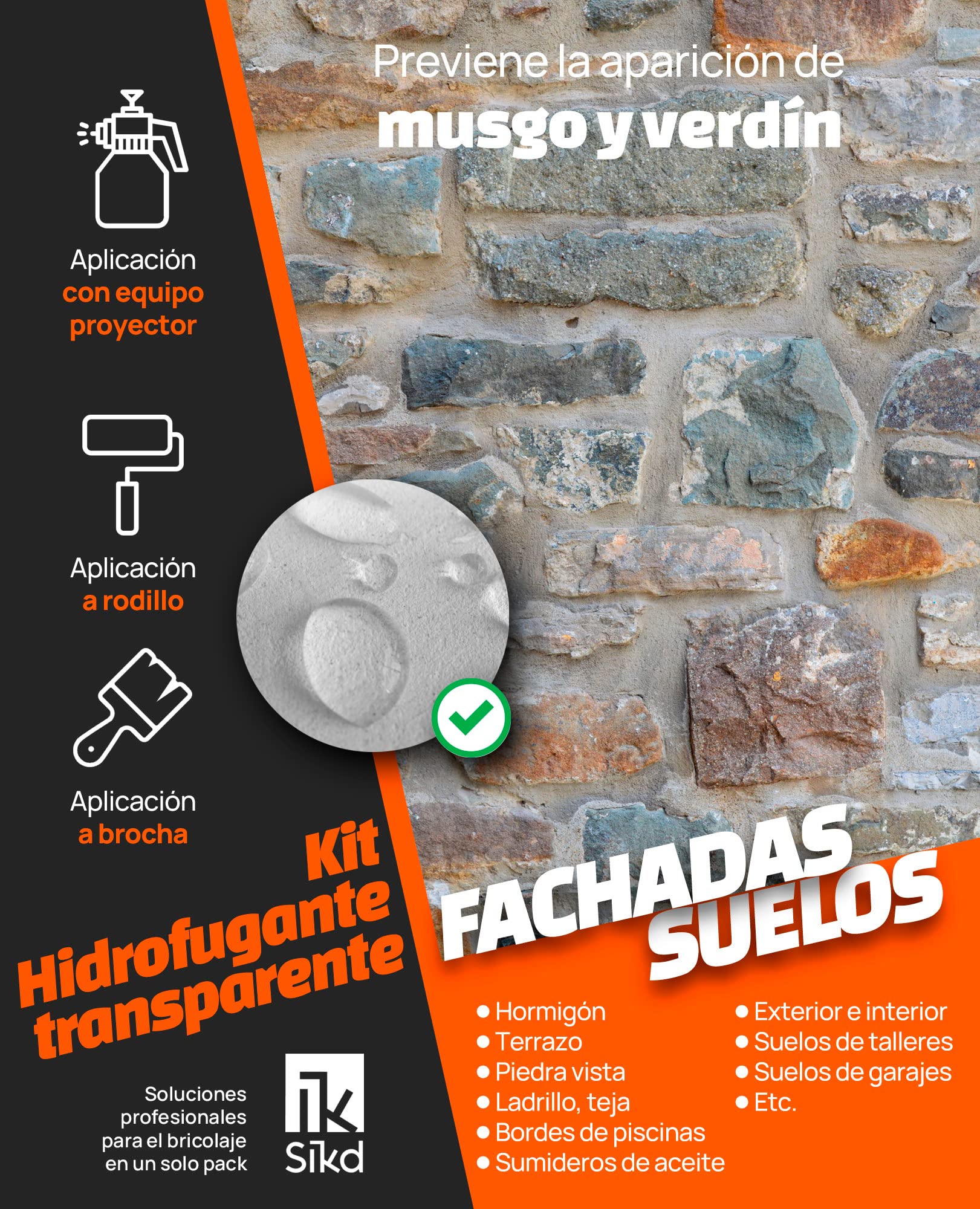 SIKD - Impermeabilizante Transparente. Hidrofugante Repelente al Agua para Fachadas y Suelos Pétreos 5 Litros. Pulverizador a Presión de 2 L para su Aplicación