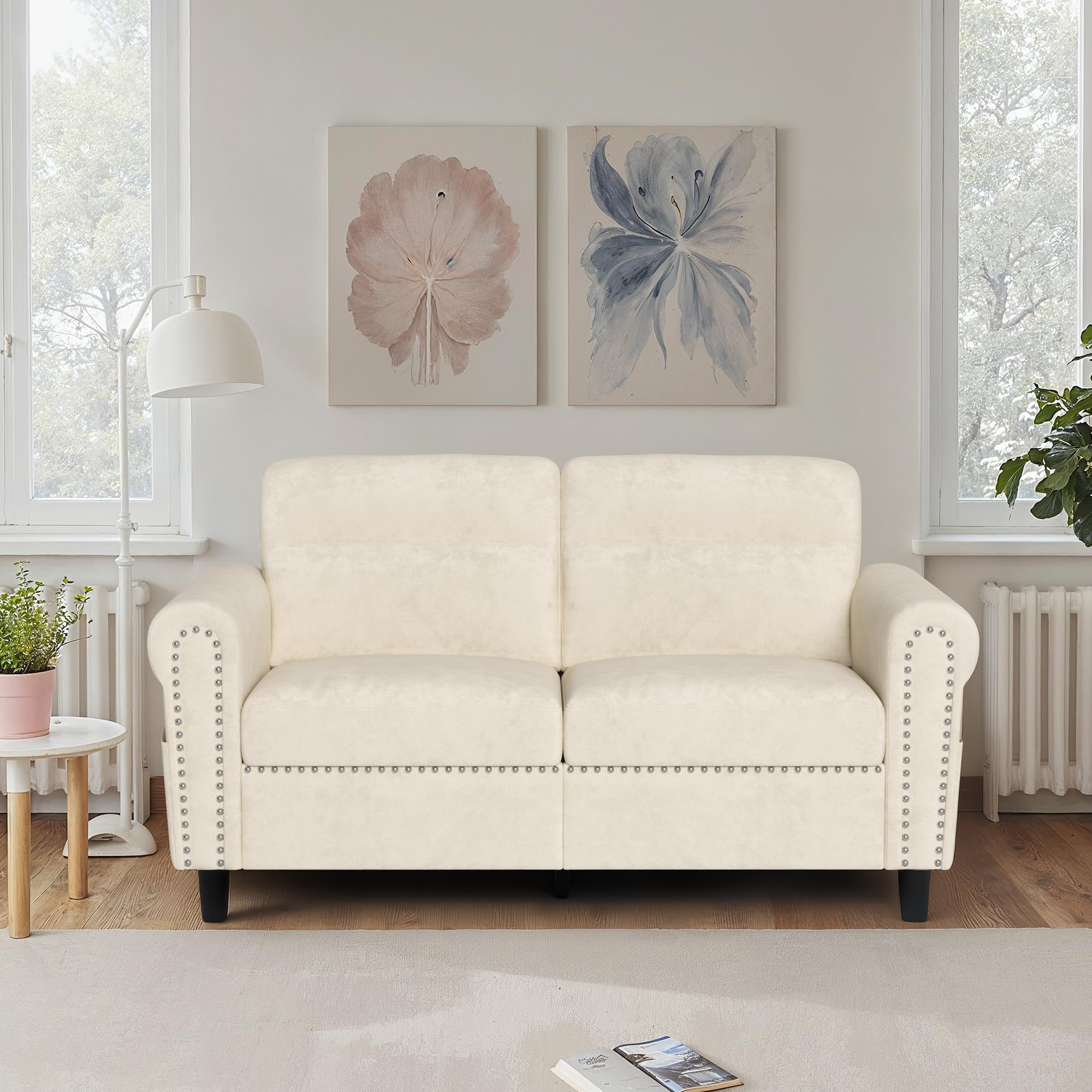 Sofá de 2 Plazas, Loveseat con Bolsillo Lateral, Sofá de Dos Plazas con Cojines Extraíbles para Salón, Dormitorio, Oficina, 152 x 76 x 84 cm (Beige)