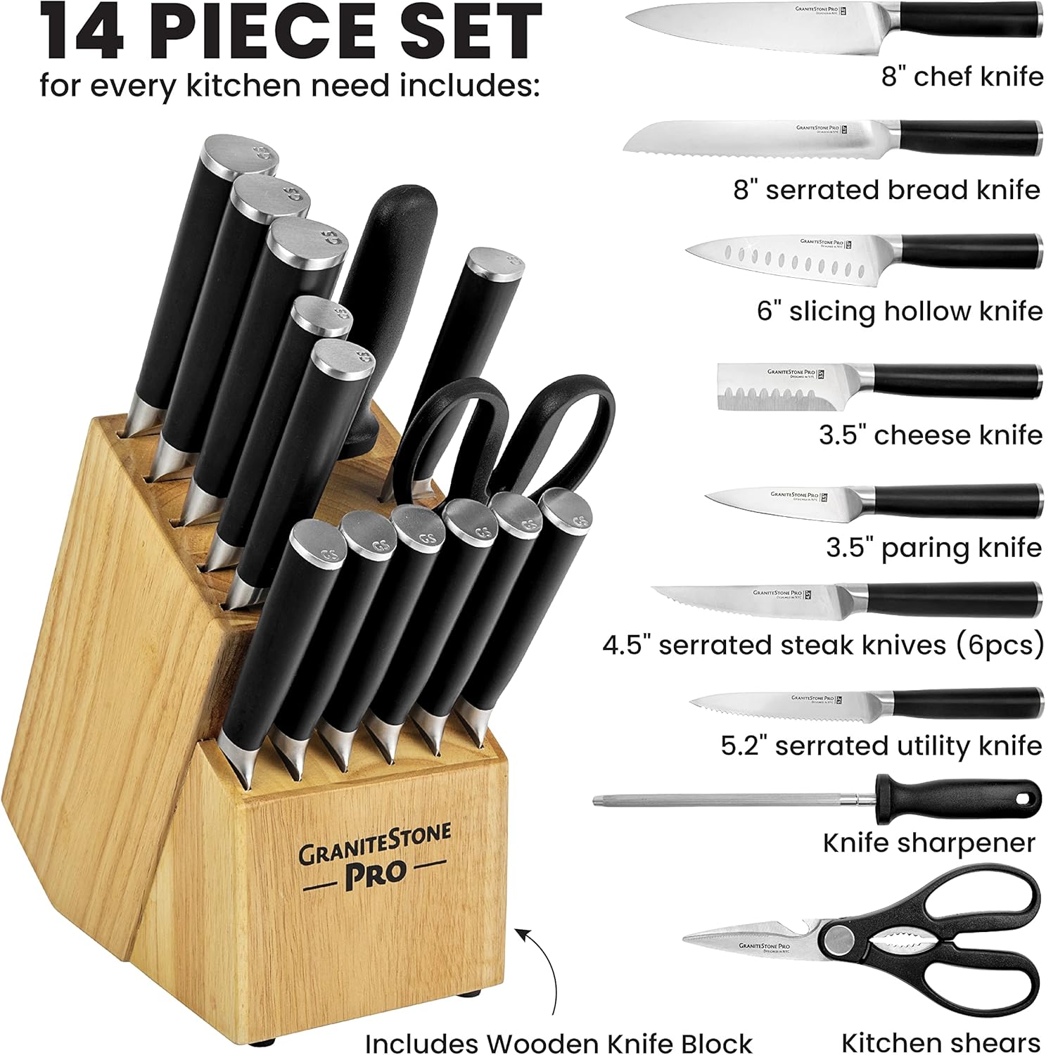 GraniteStone Pro Nutriblade 14-Piece Knife Set for Kitchen with Knife Block, Premium Kitchen Knives Set for Kitchen, Chef Knife Set with Block, Complete Knifes Set, Ultra Sharp Stainless-Steel Blade