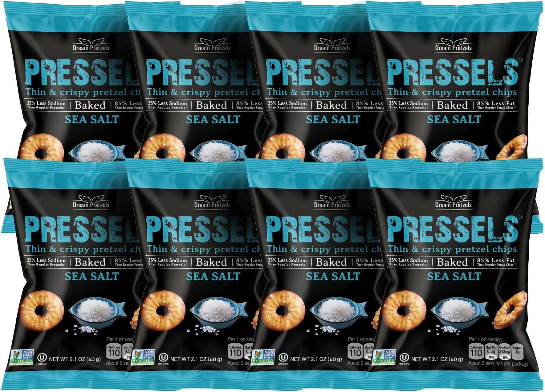 Dream Pretzels Pressels Baked Pretzel Chips, Sea Salt Seasoned, Mini Thin Crisps, Gourmet Snack Bites, Vegan, Low Sodium, Pack of 8 Individual Bags (2.1 oz)