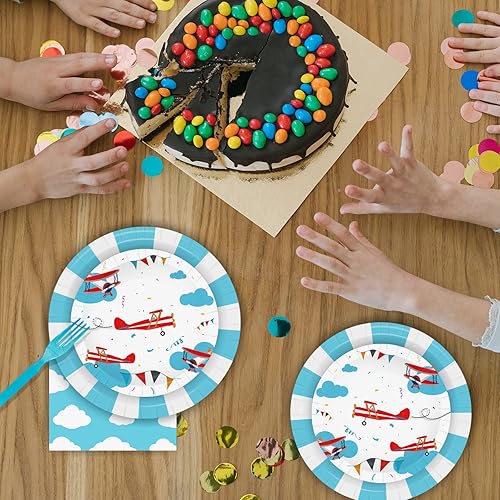 Miniatura 7 de Suministros de fiesta de avión, juego de vajilla para cena, servilletas de almuerzo, tenedores desechables para niños, cielo azul, nubes blancas,