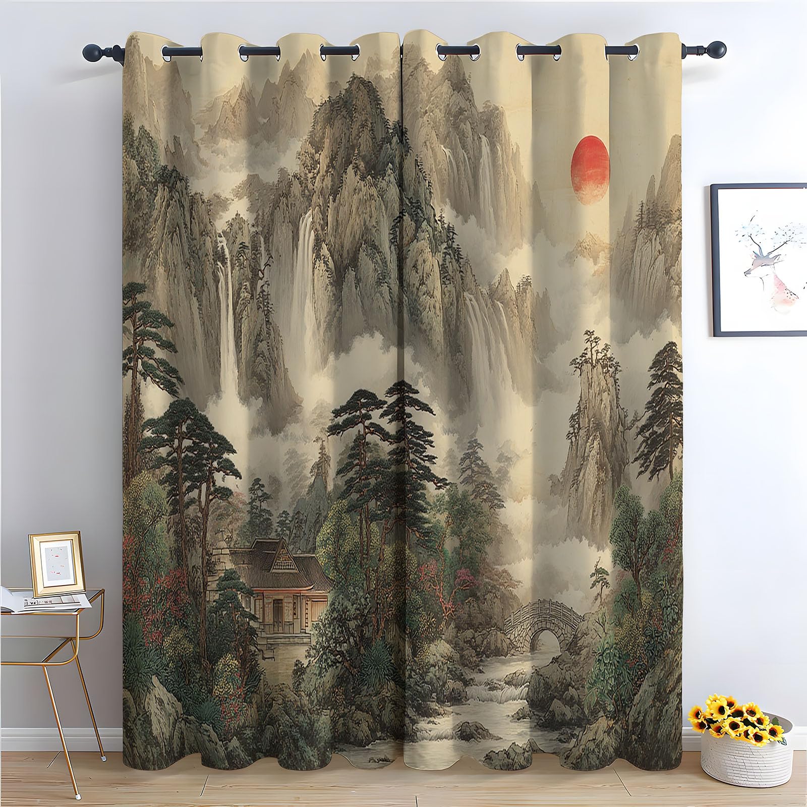 WQBQKKX Abstract Line Curtains Soft Ink Painting Thermal Insulated Blackout Curtains Botanical Print Pattern Window Drapes for Living Room-52 W x 108" L (Pack of 2)