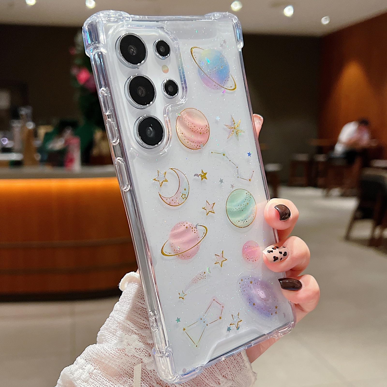 Changjia Funda transparente con purpurina para Samsung Galaxy, diseño de mariposas, planetas, estrellas, luna, universo, poliuretano termoplástico suave, a prueba de golpes, para mujer (transparente,