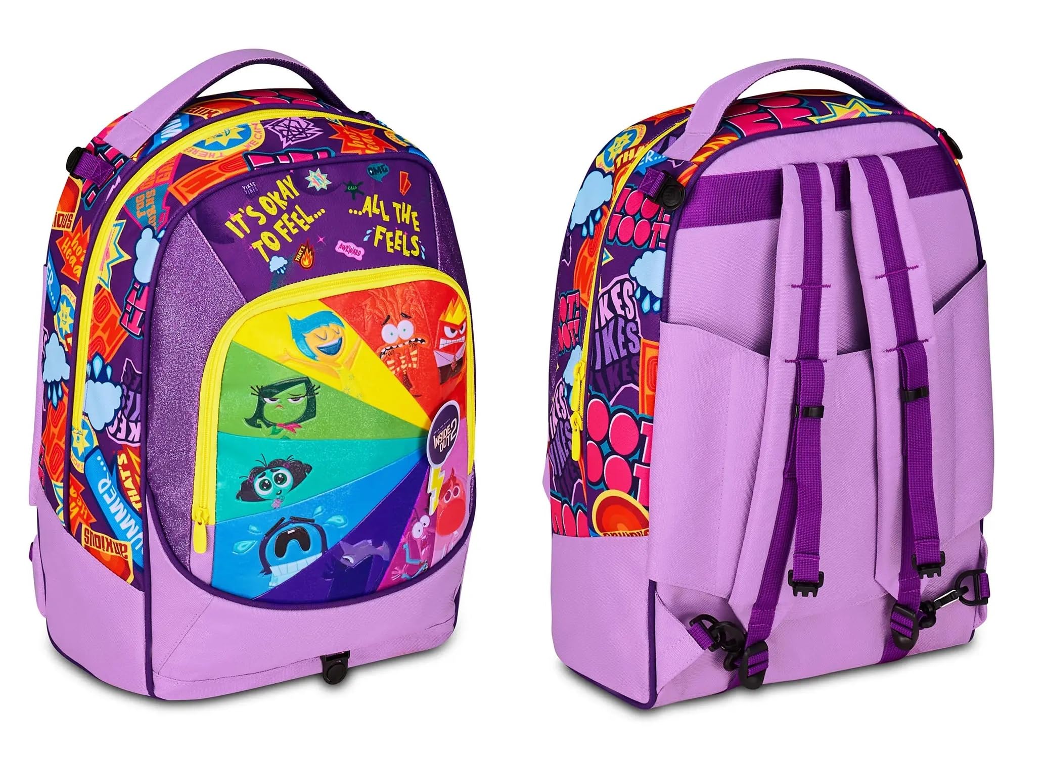 Trolley Scuola Jack 3 Ruote staccabile Inside Out 2 Universal Mood , 3 in 1 per Scuola Elementare Bambina + Astuccio 3 zip con cancelleria + 7 penne cancellabili e portachiave pailettes