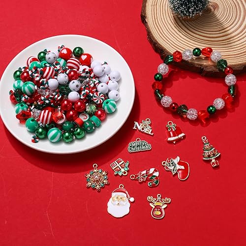 Miniatura 4 de 4200 cuentas de Navidad para hacer joyas, dijes de copo de nieve de árbol de Navidad, cuentas de arcilla polimérica roja y verde, cuentas de cristal