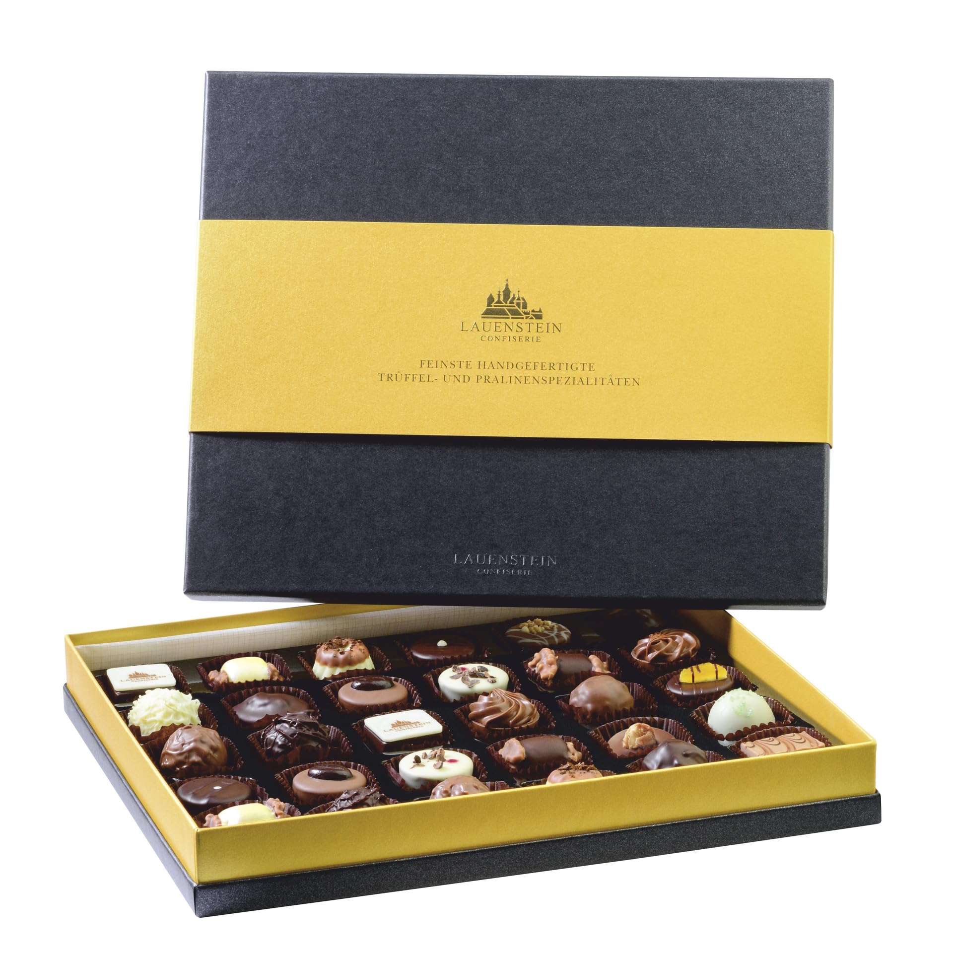 Lauensteiner Platinum XL | 395 g handgefertigte Pralinen und Trüffel | 20-fach sortiert, mit und ohne Alkohol | Ein köstliches Geschenk in edler Verpackung | 1er Pack